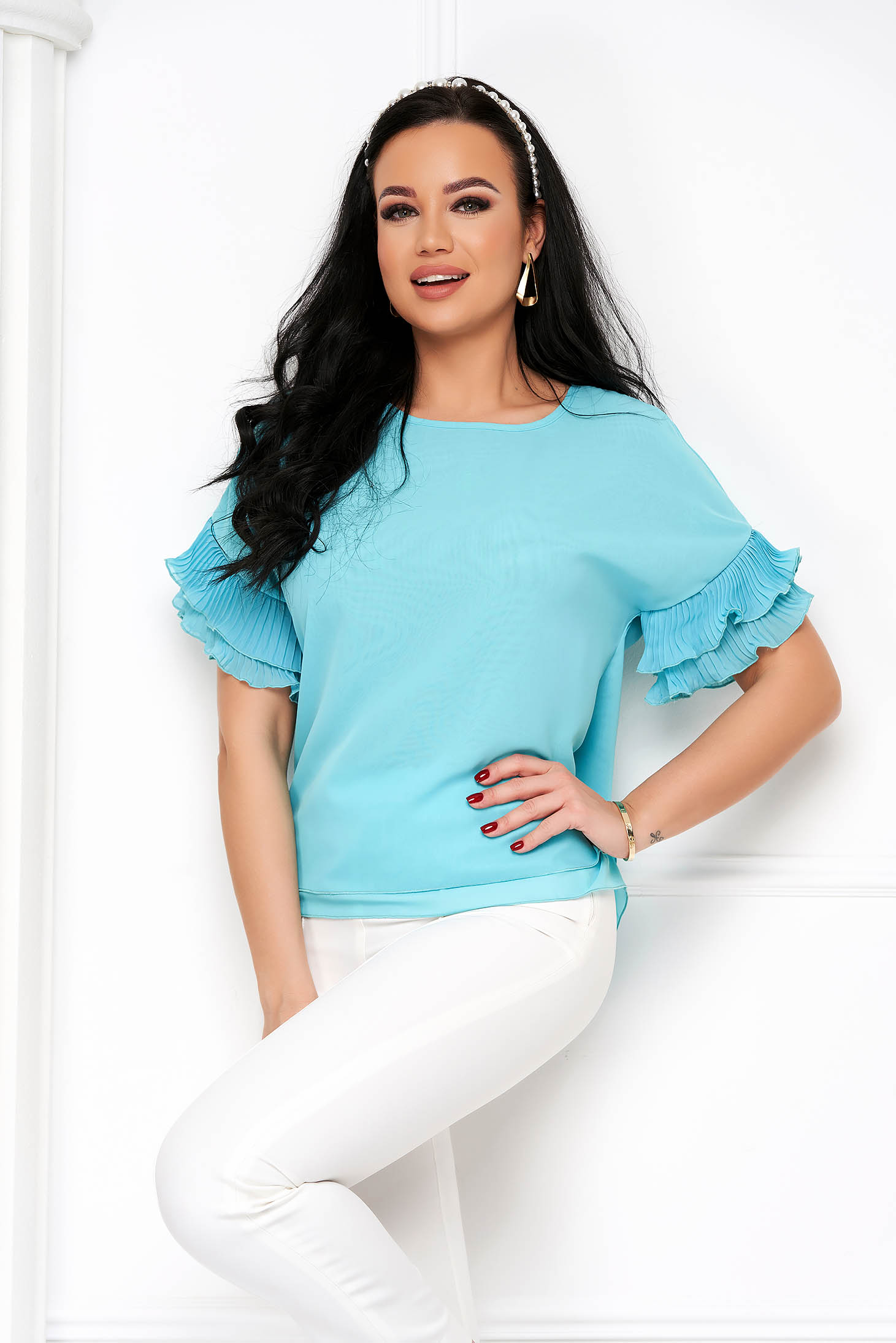Light Blue Voile Women's Blouse with Loose Fit and Sleeve Ruffles - StarShinerS 1 - StarShinerS.com