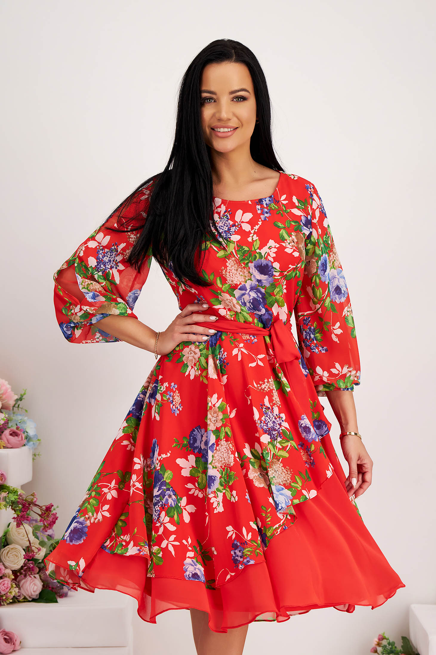 Midi chiffon dress in a-line with cut-out sleeves and floral print 1 - StarShinerS.com