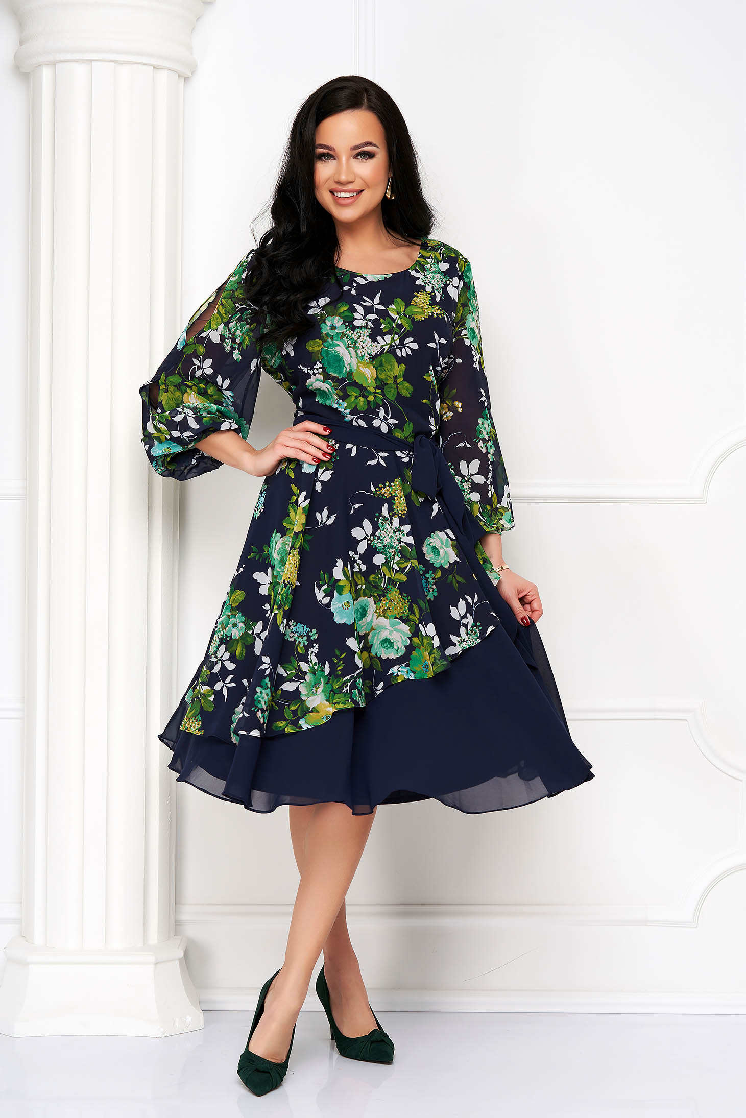 Dress cloche from veil fabric midi with floral print with cut-out sleeves