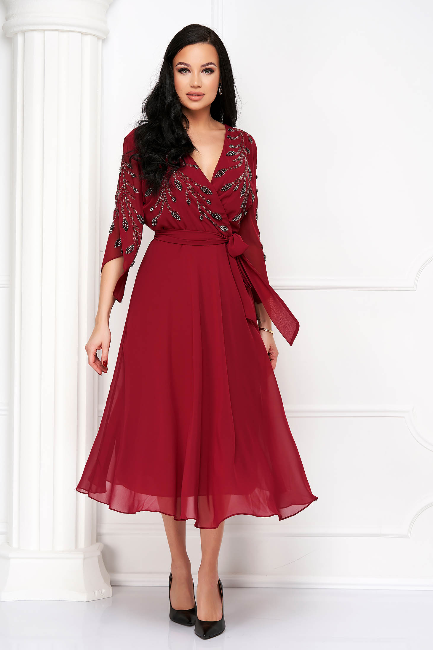 Midi red-veil dress in A-line with pearl and rhinestone applications 1 - StarShinerS.com