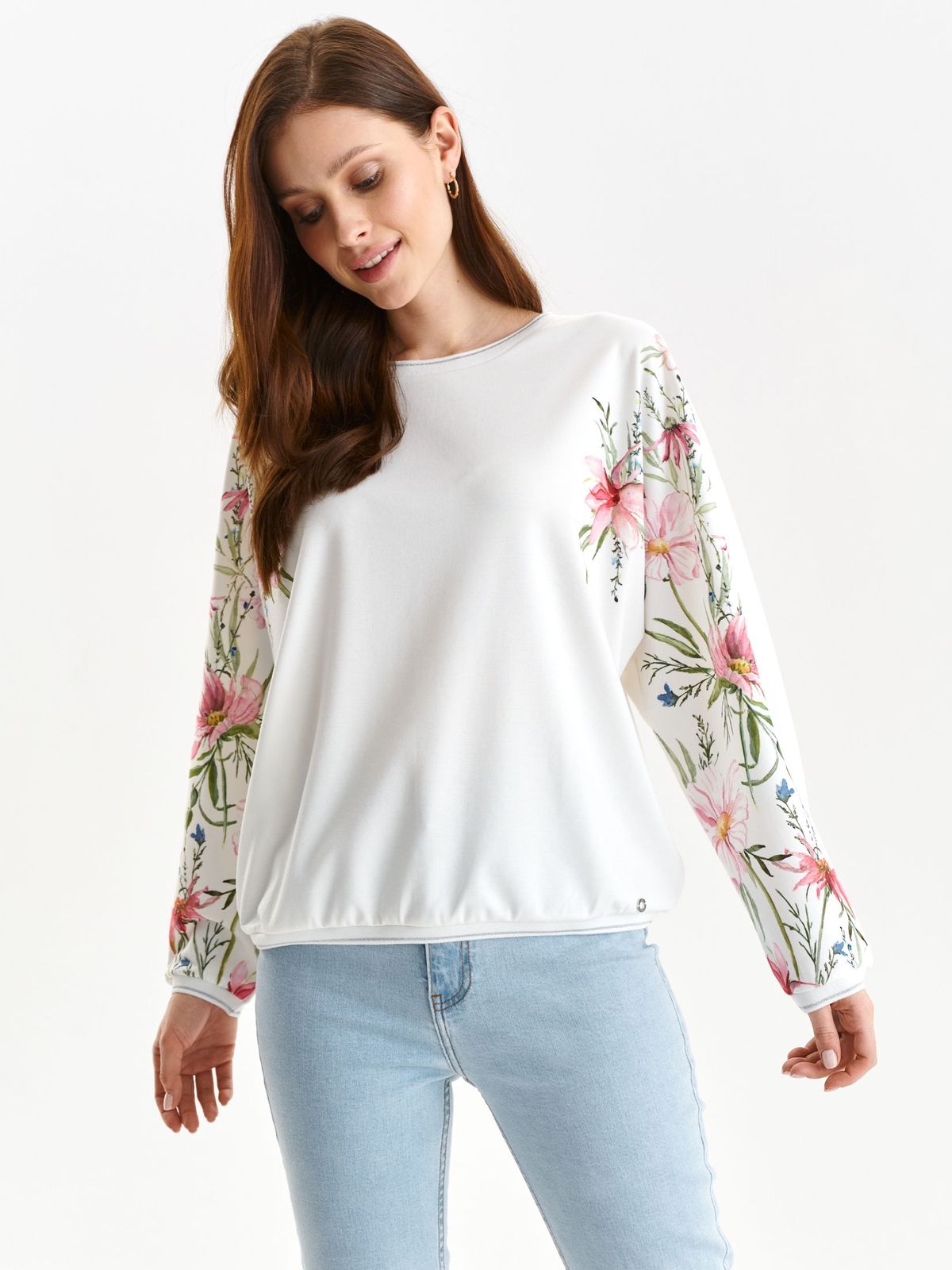 White women`s blouse loose fit long sleeved with floral print