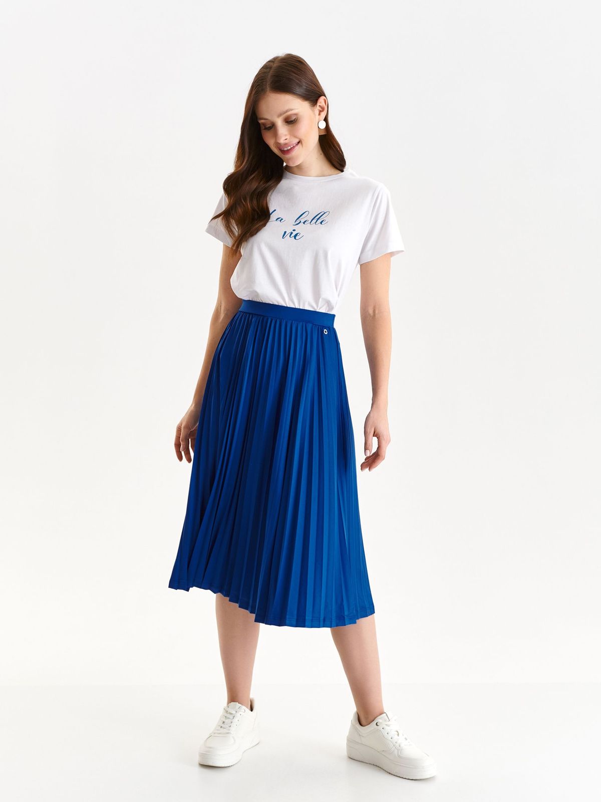 Blue skirt thin fabric midi pleated cloche with elastic waist