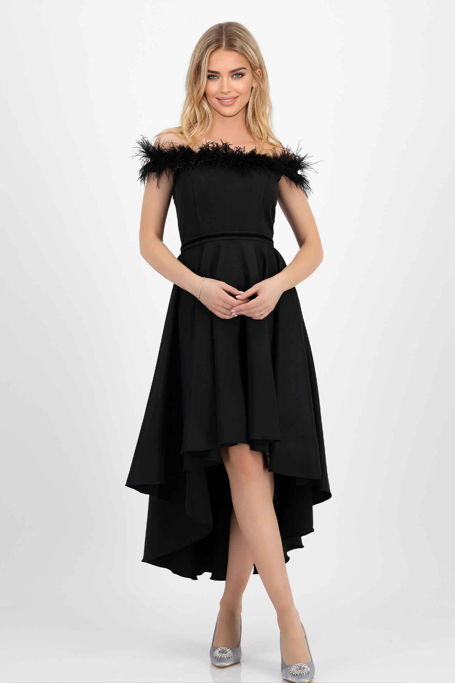 Asymmetric black slightly elastic fabric dress in cloche with bare shoulders and feathers - StarShinerS 1 - StarShinerS.com