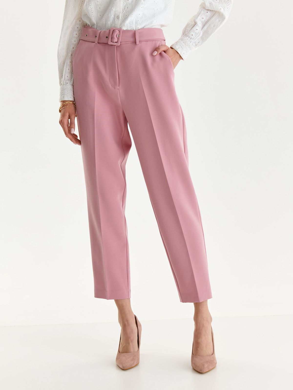 Lightpink trousers slightly elastic fabric straight accessorized with belt