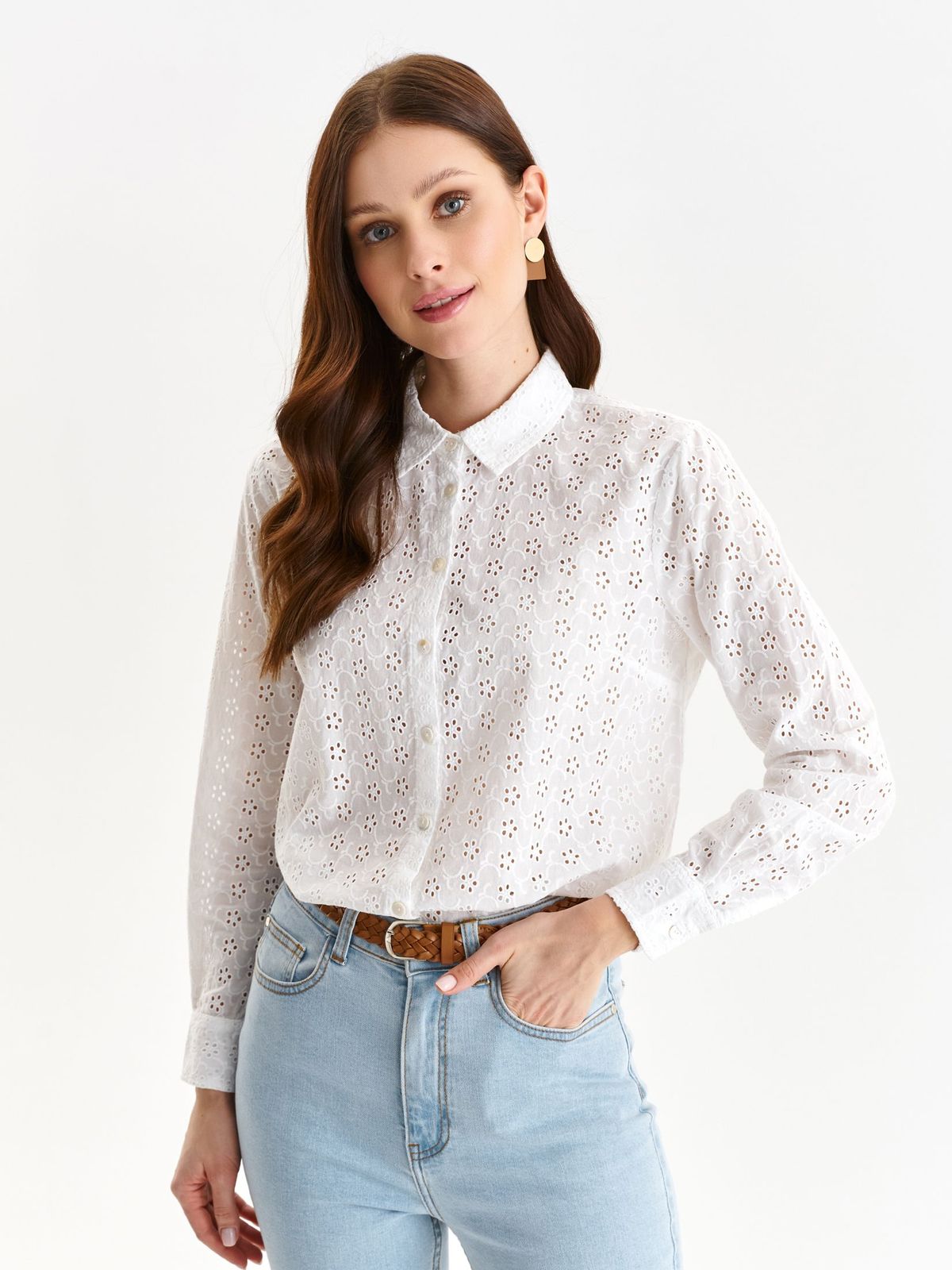 White women`s shirt cotton loose fit fabric with embroided holes