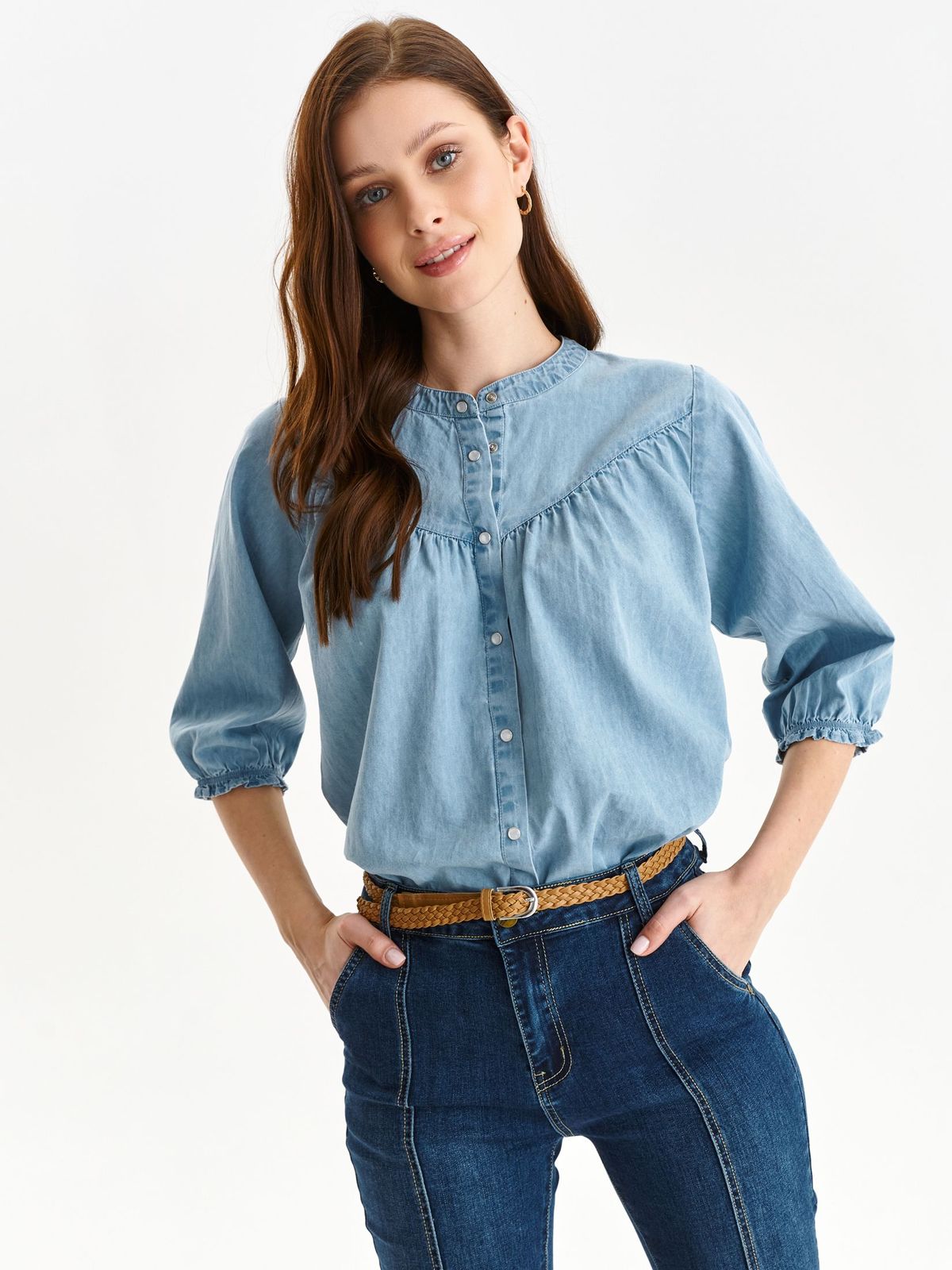 Blue women`s blouse cotton loose fit with puffed sleeves