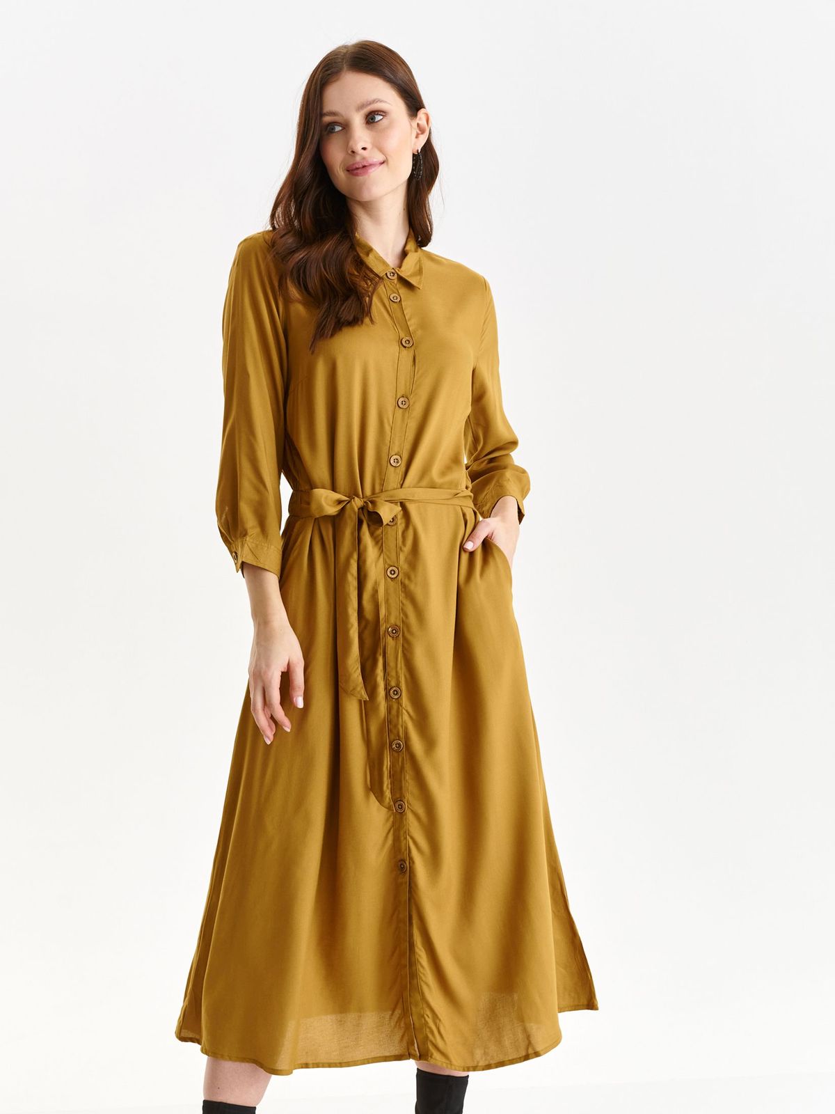 Rochie tip camasa din material subtire maro in clos cu elastic in talie - Top Secret