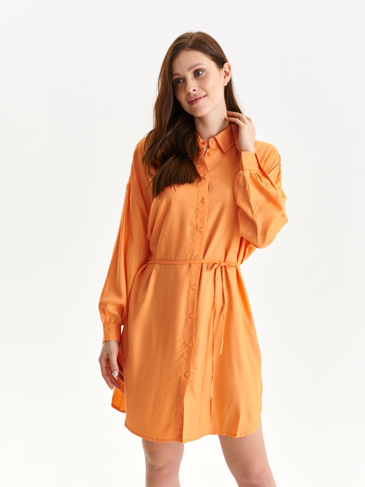 Rochie tip camasa din material subtire portocalie cu croi larg si maneci bufante - Top Secret