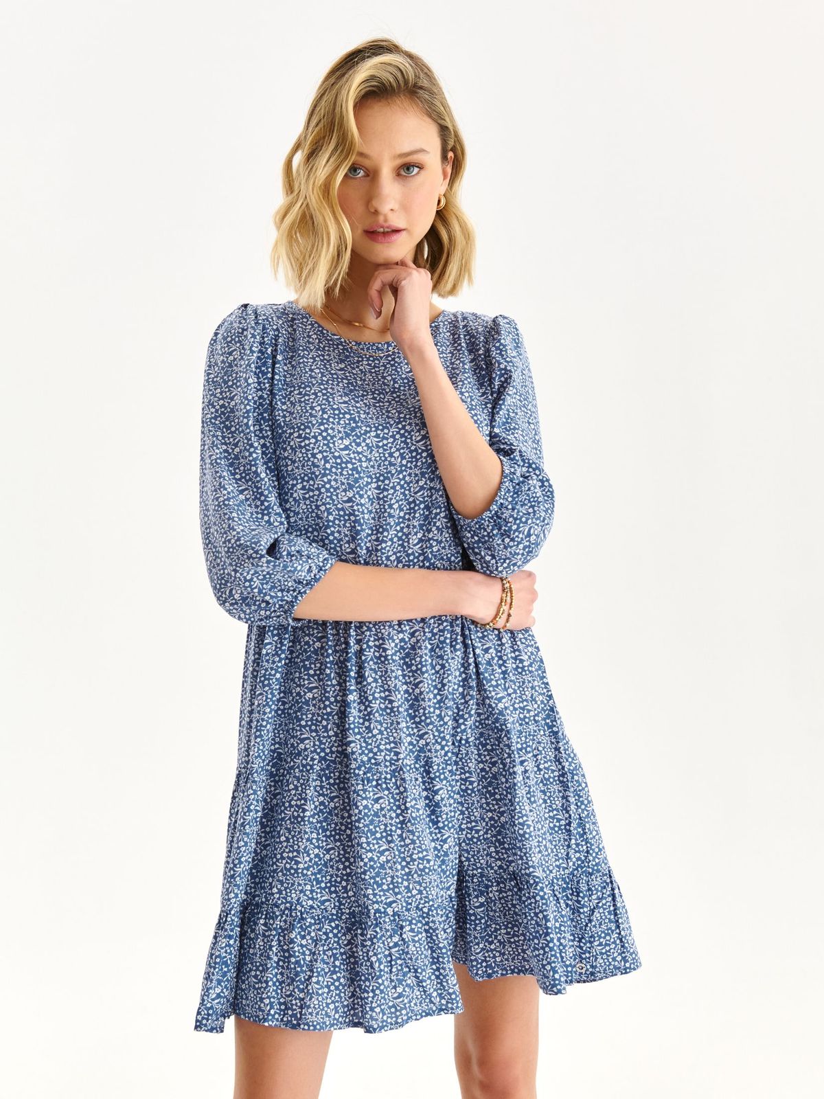 Blue dress short cut loose fit thin fabric with puffed sleeves