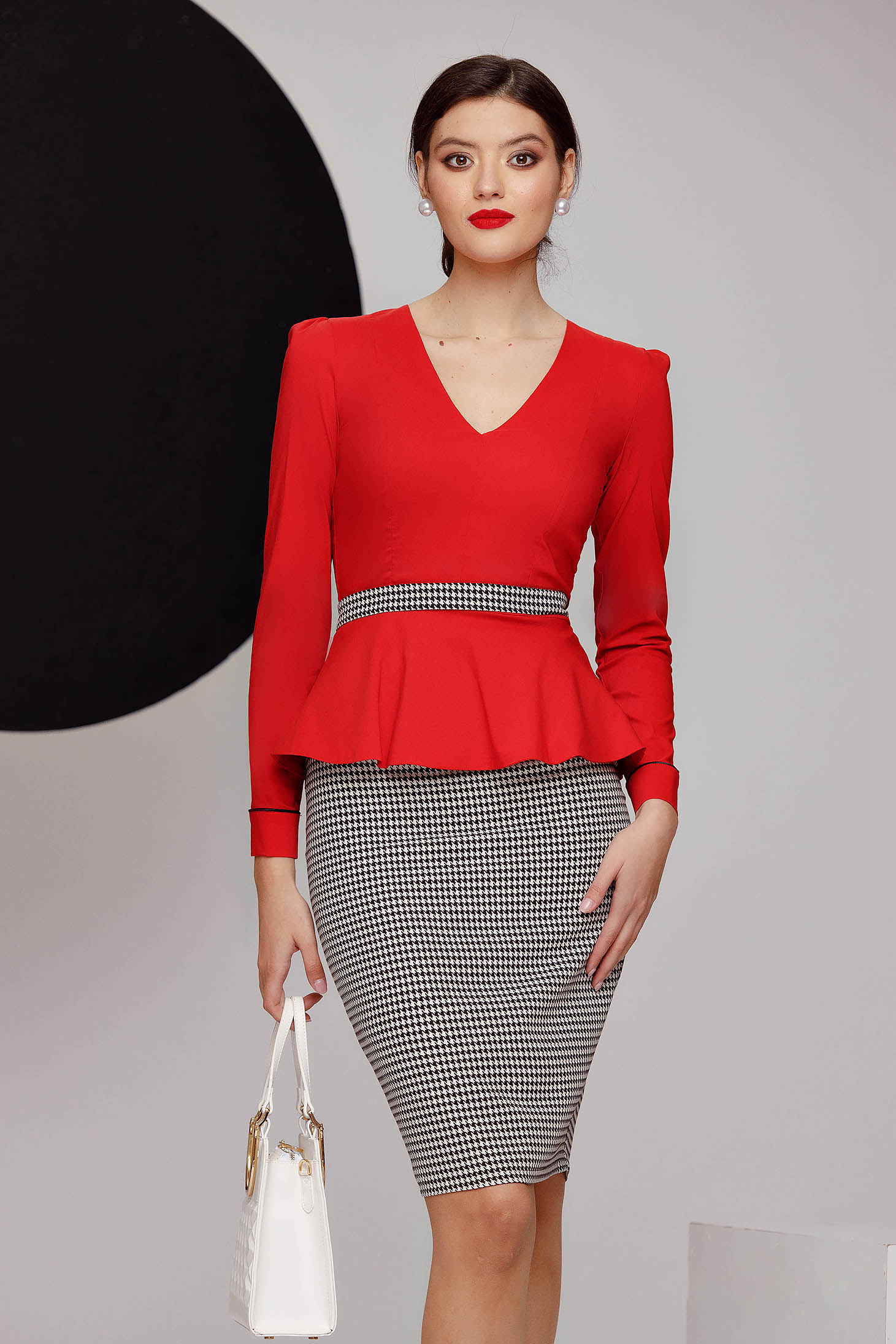 Red cotton women's shirt, fitted with peplum and bow at the back - Fofy 1 - StarShinerS.com