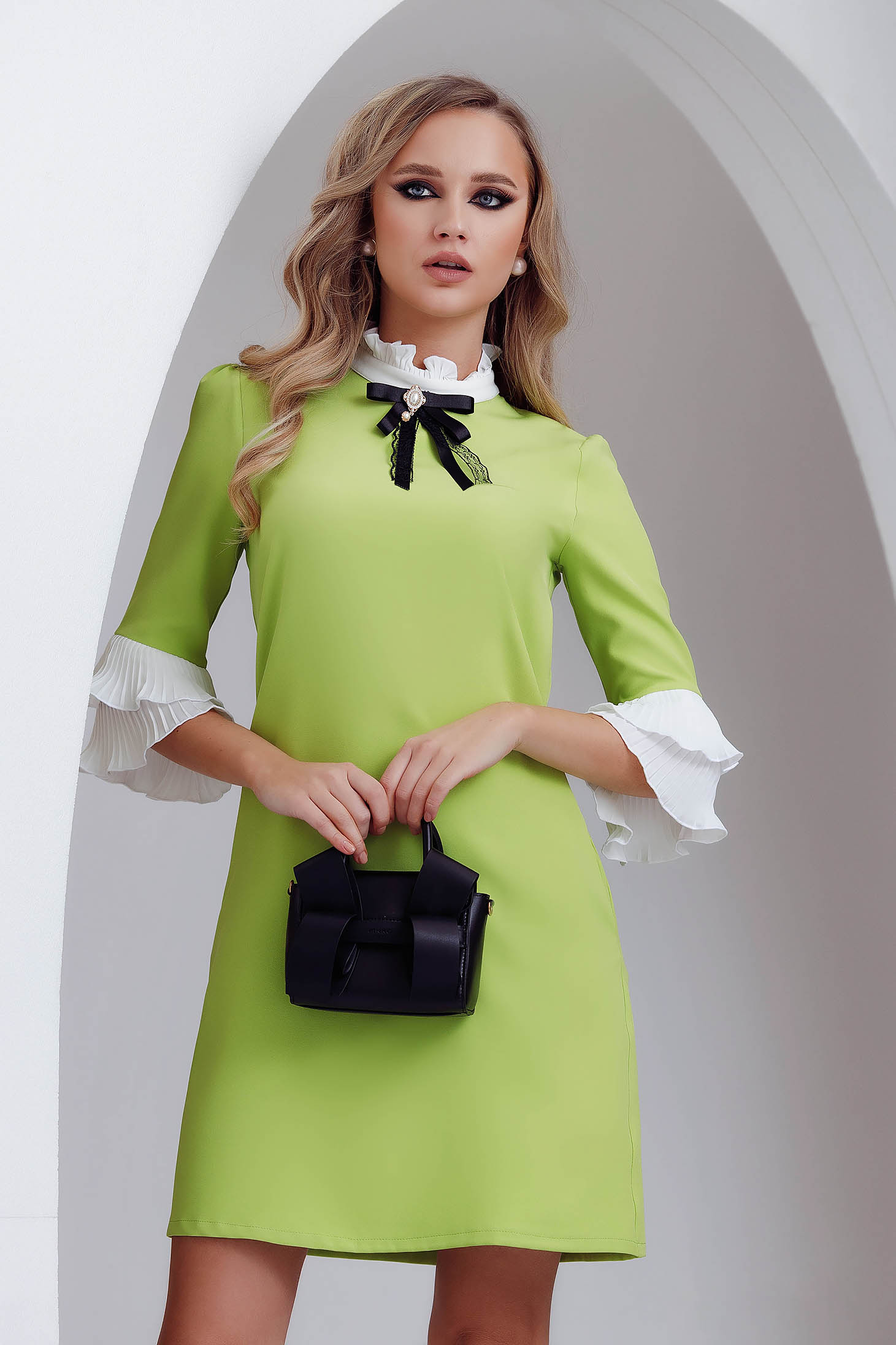 Lightgreen dress elastic cloth slightly elastic fabric with pockets a-line