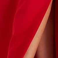 Long red fabric dress with ruffles and bare shoulders, slit on the leg - PrettyGirl