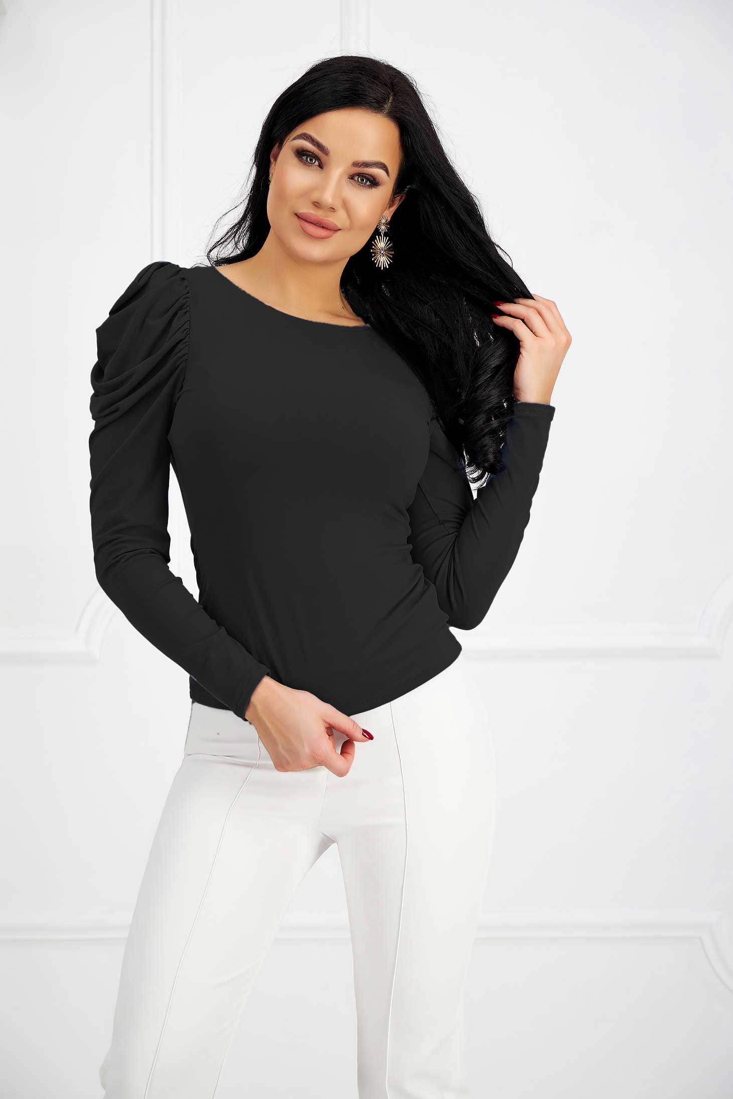 Black Lycra Women's Blouse with Puffed Shoulders - StarShinerS 1 - StarShinerS.com