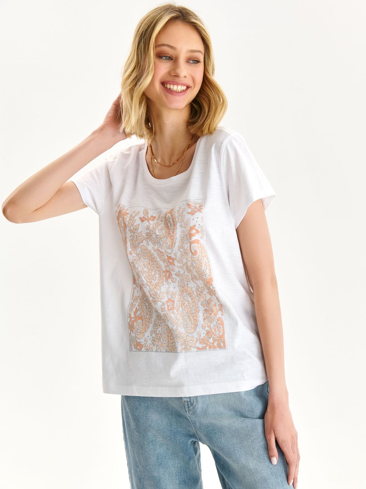 White t-shirt slightly elastic cotton loose fit short sleeves