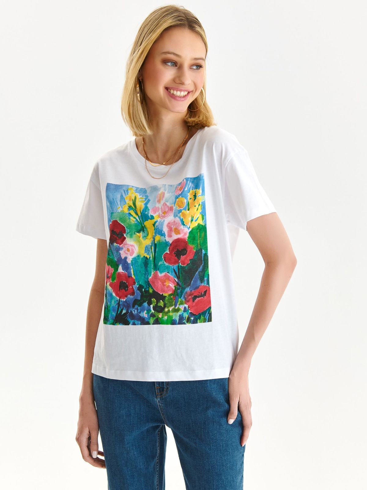 White t-shirt slightly elastic cotton loose fit with floral print