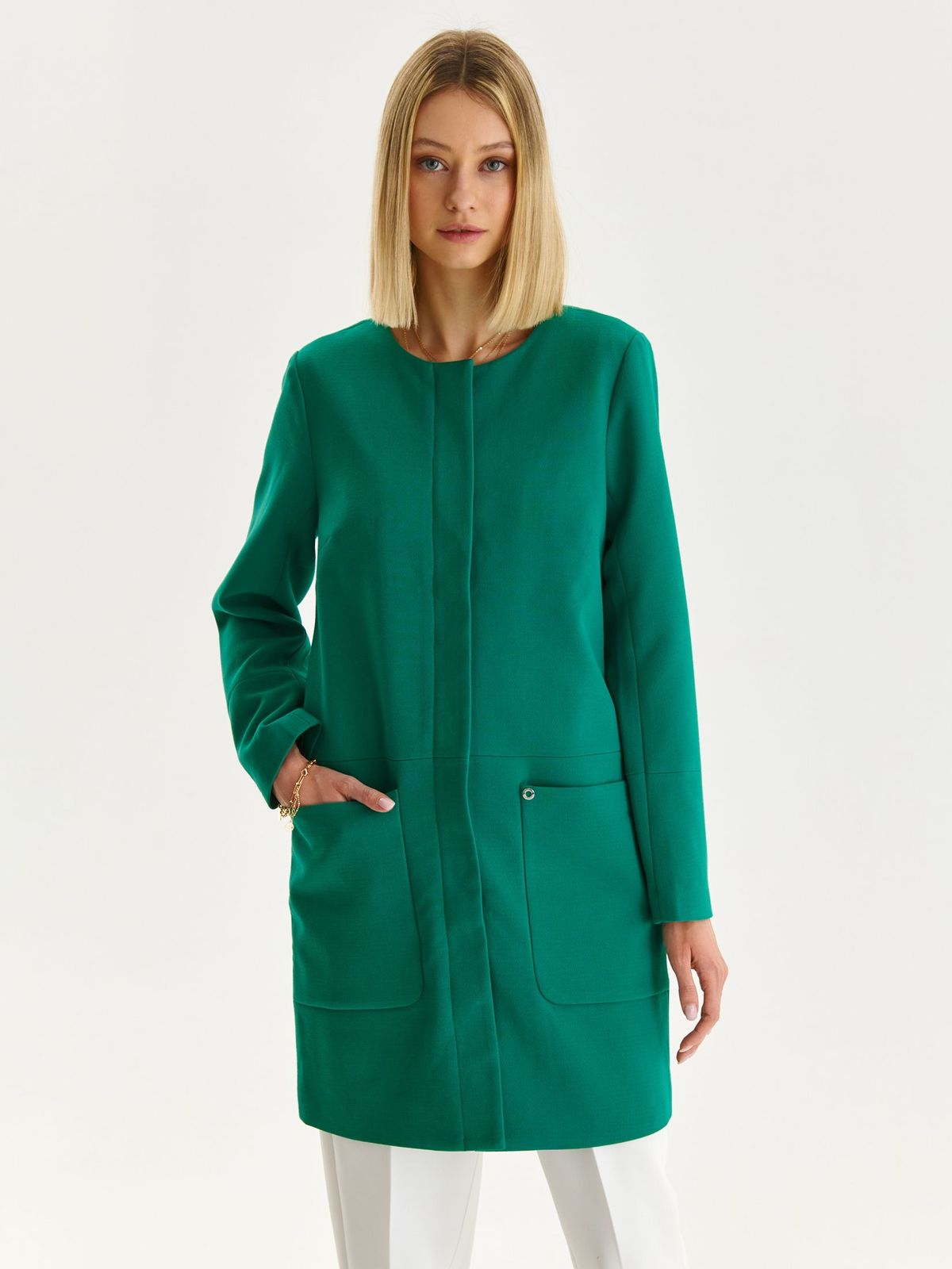 Palton din stofa usor elastica verde cu un croi drept si buzunare laterale - Top Secret