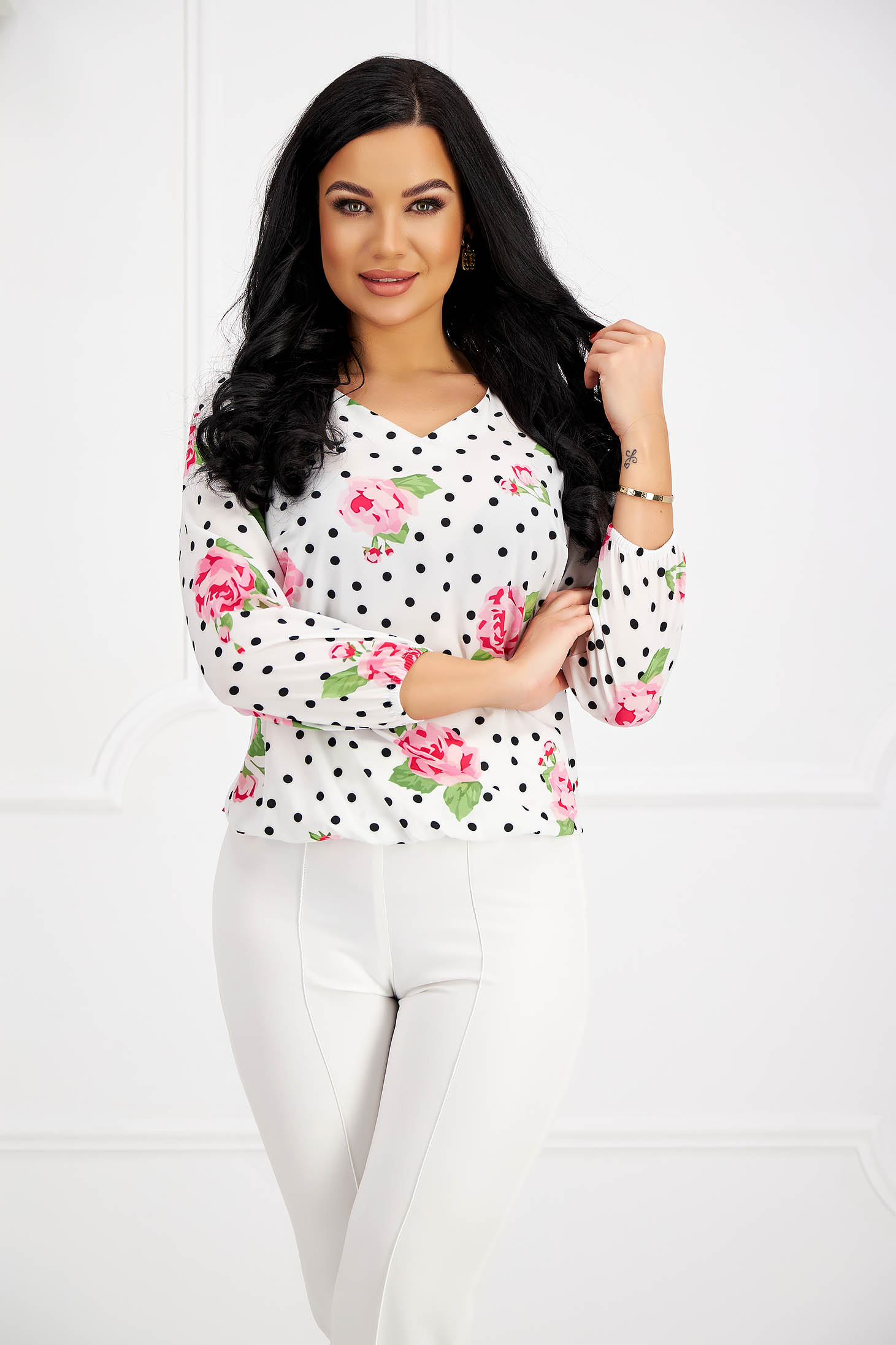 Women`s blouse thin fabric loose fit with elastic waist elastic held sleeves