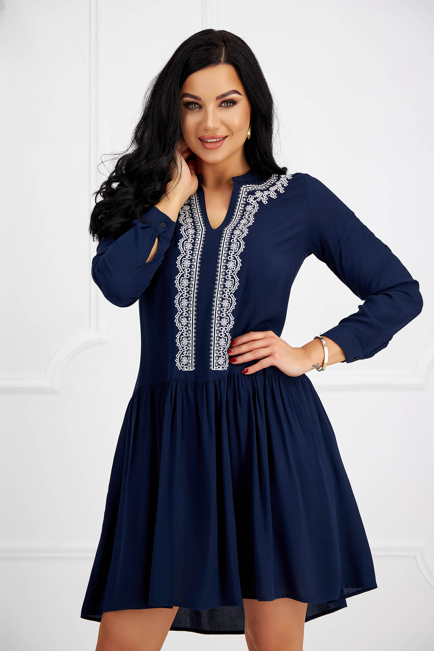 Navy Blue Cotton Dress with Loose Fit and Floral Embroidery - SunShine 1 - StarShinerS.com