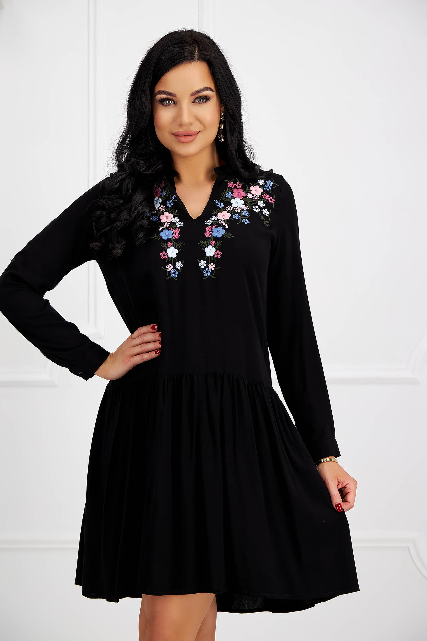 Black cotton dress with wide cut and floral embroidery - SunShine 1 - StarShinerS.com