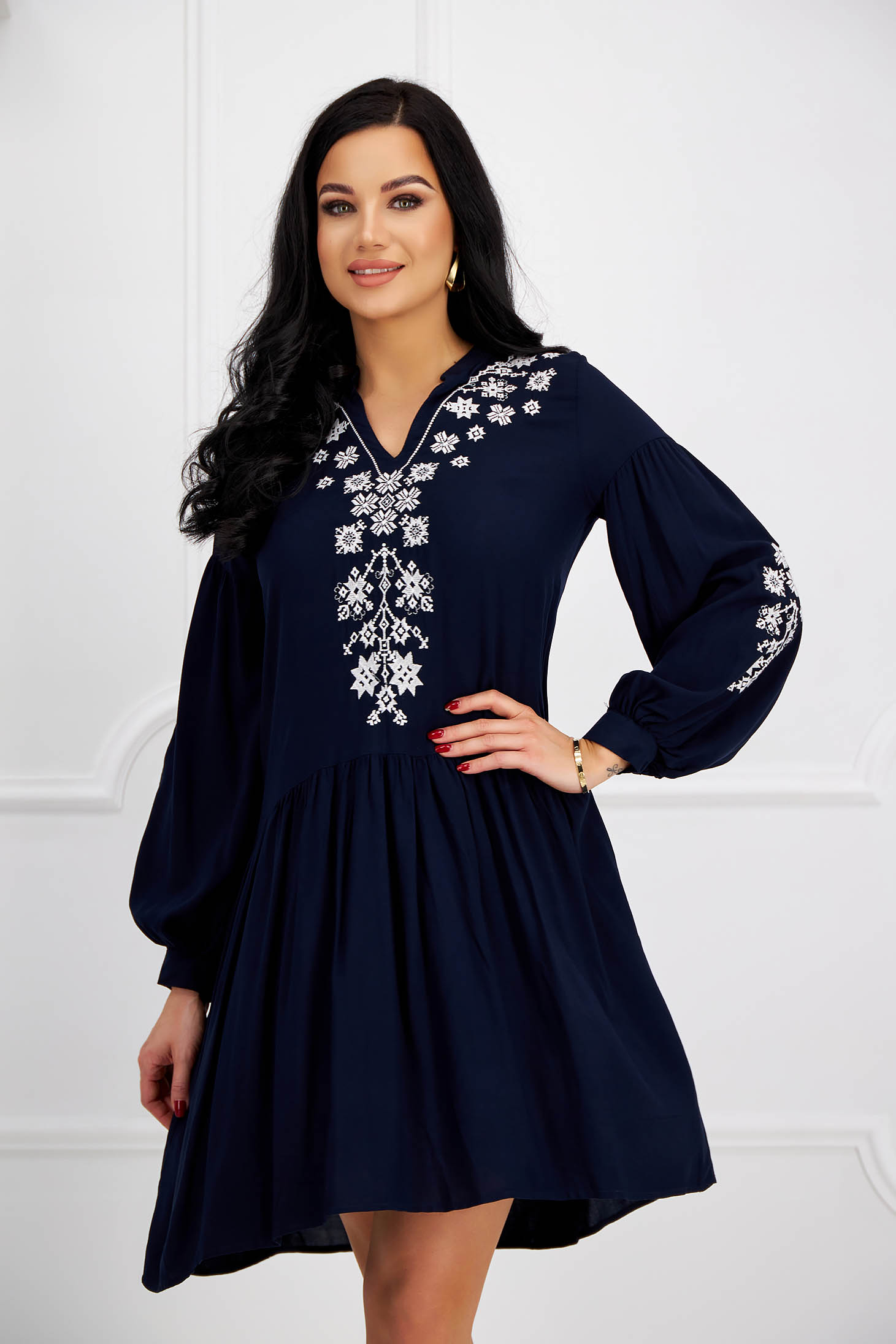 Navy blue cotton dress with wide cut and floral embroidery - SunShine 1 - StarShinerS.com