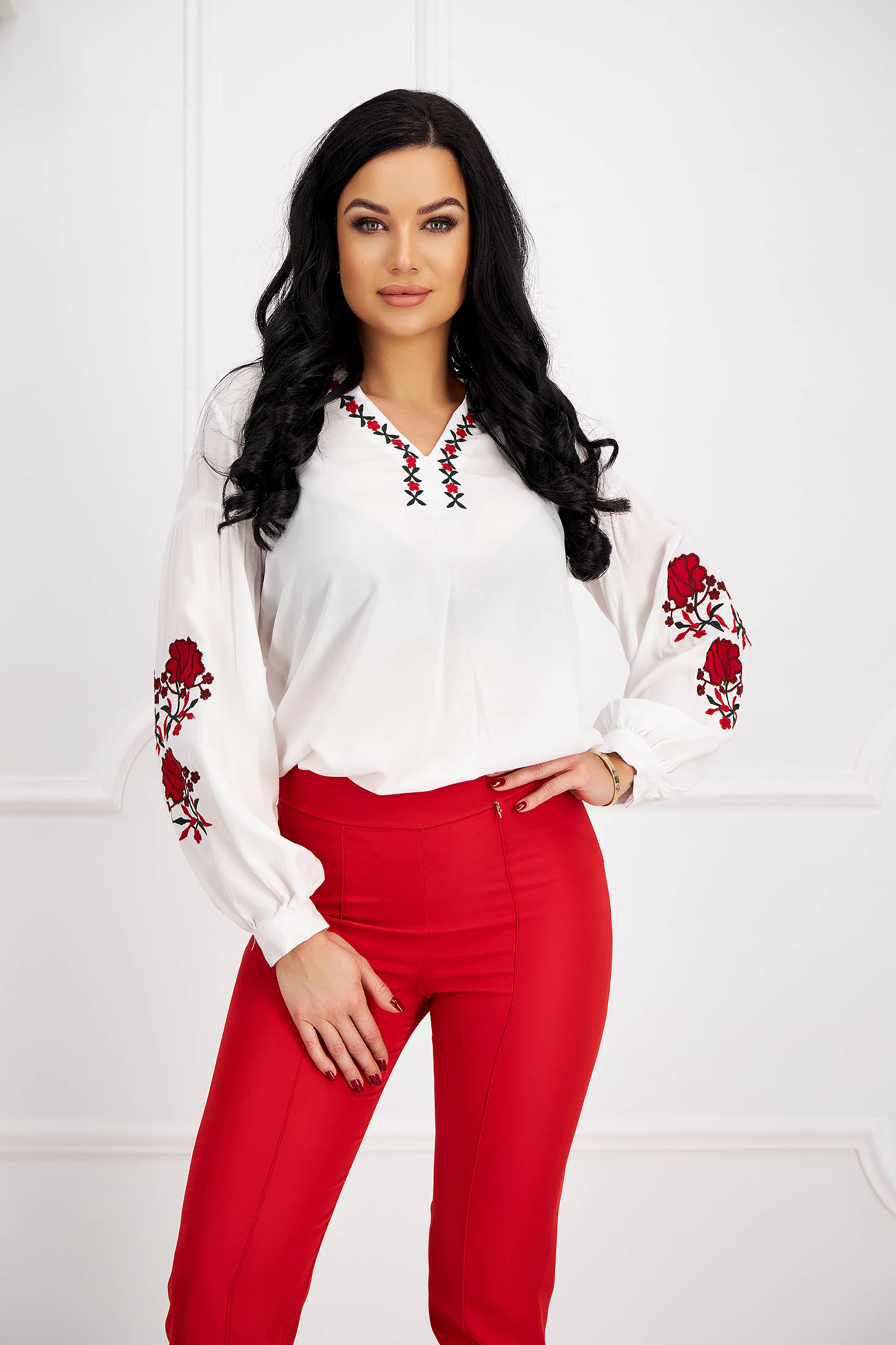 Traditional asymmetrical white cotton blouse with wide cut and embroidery - SunShine