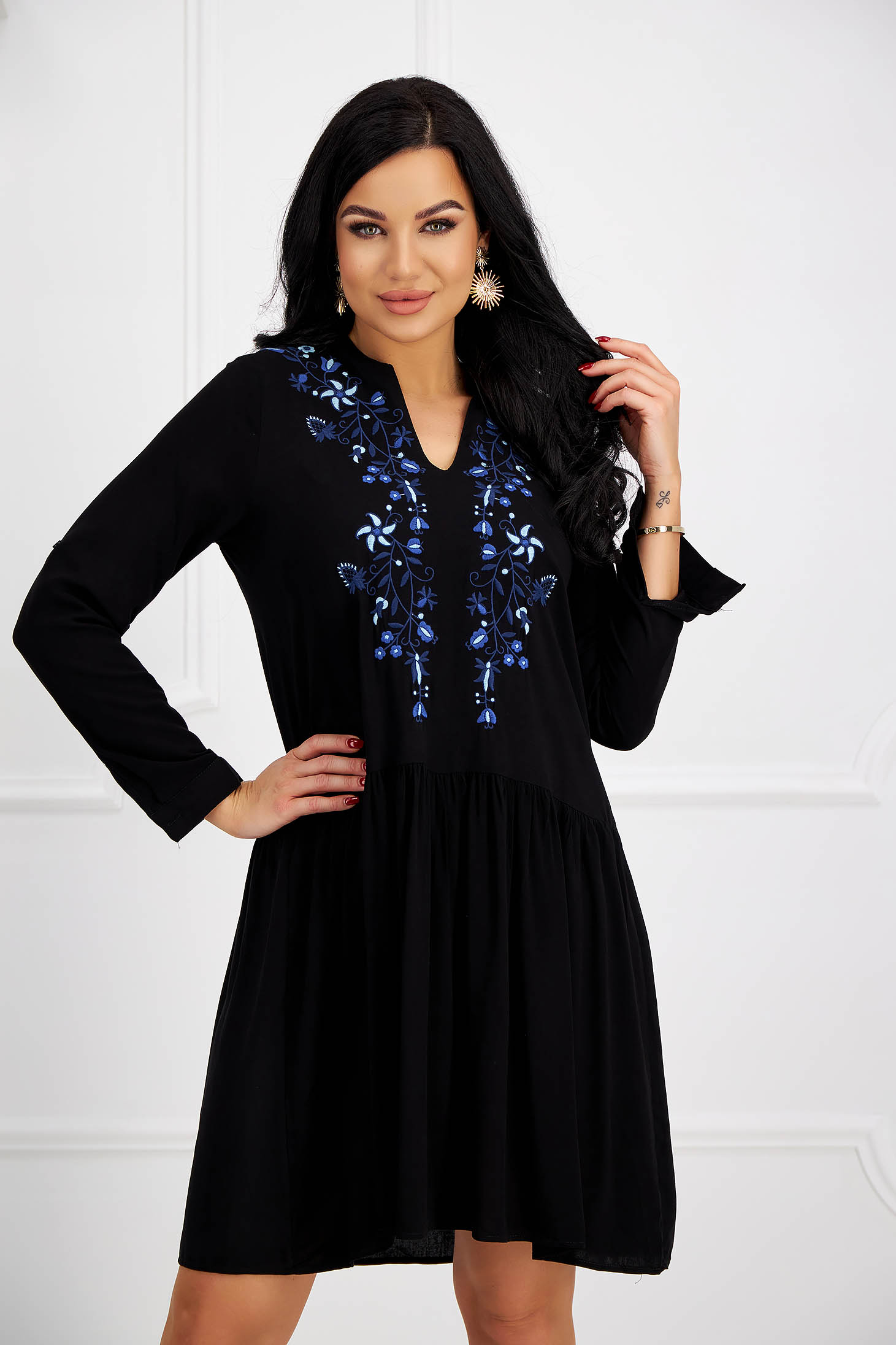 Black cotton dress with wide cut and floral embroidery - SunShine