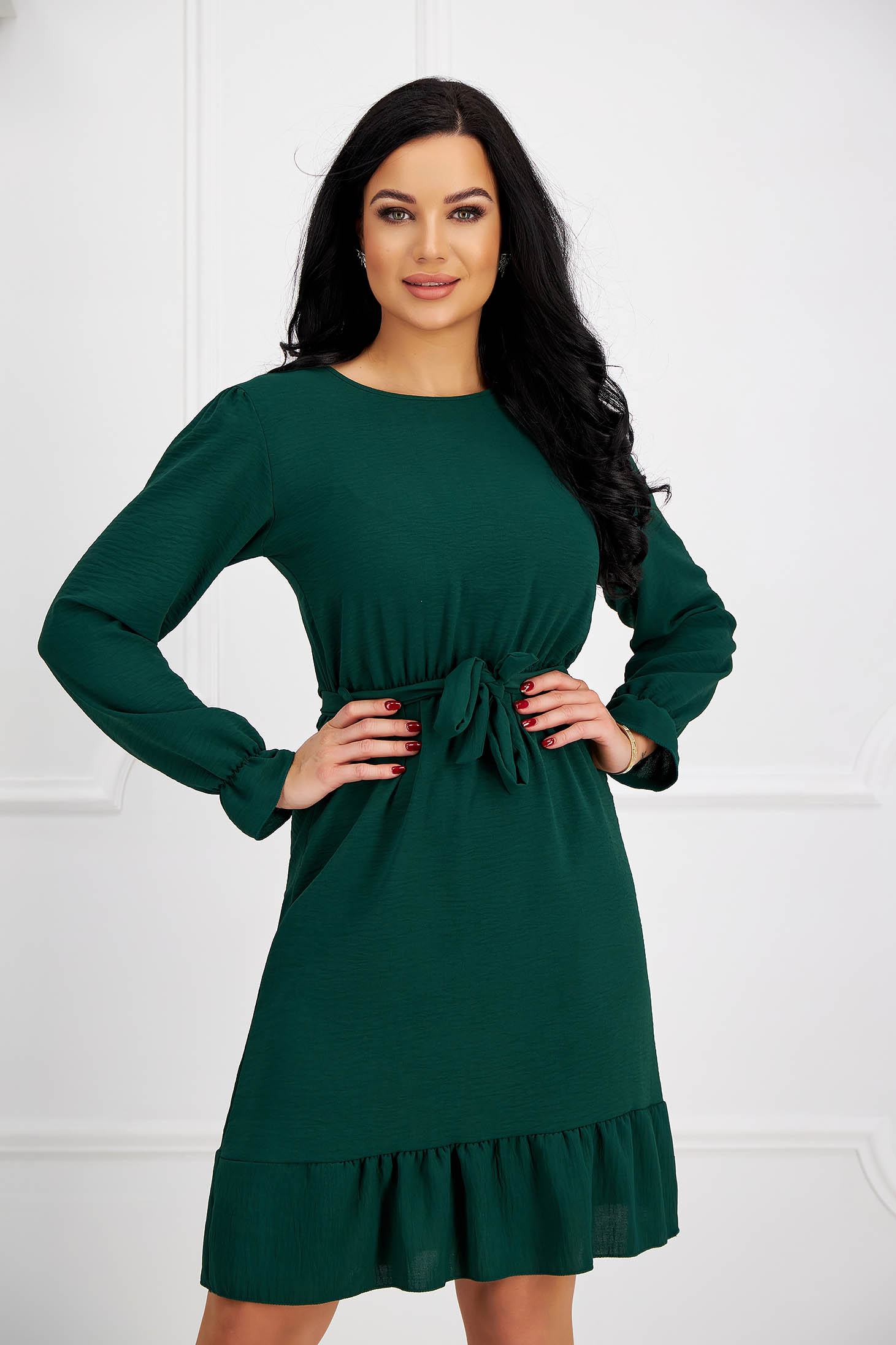 Darkgreen dress georgette cloche with elastic waist detachable cord