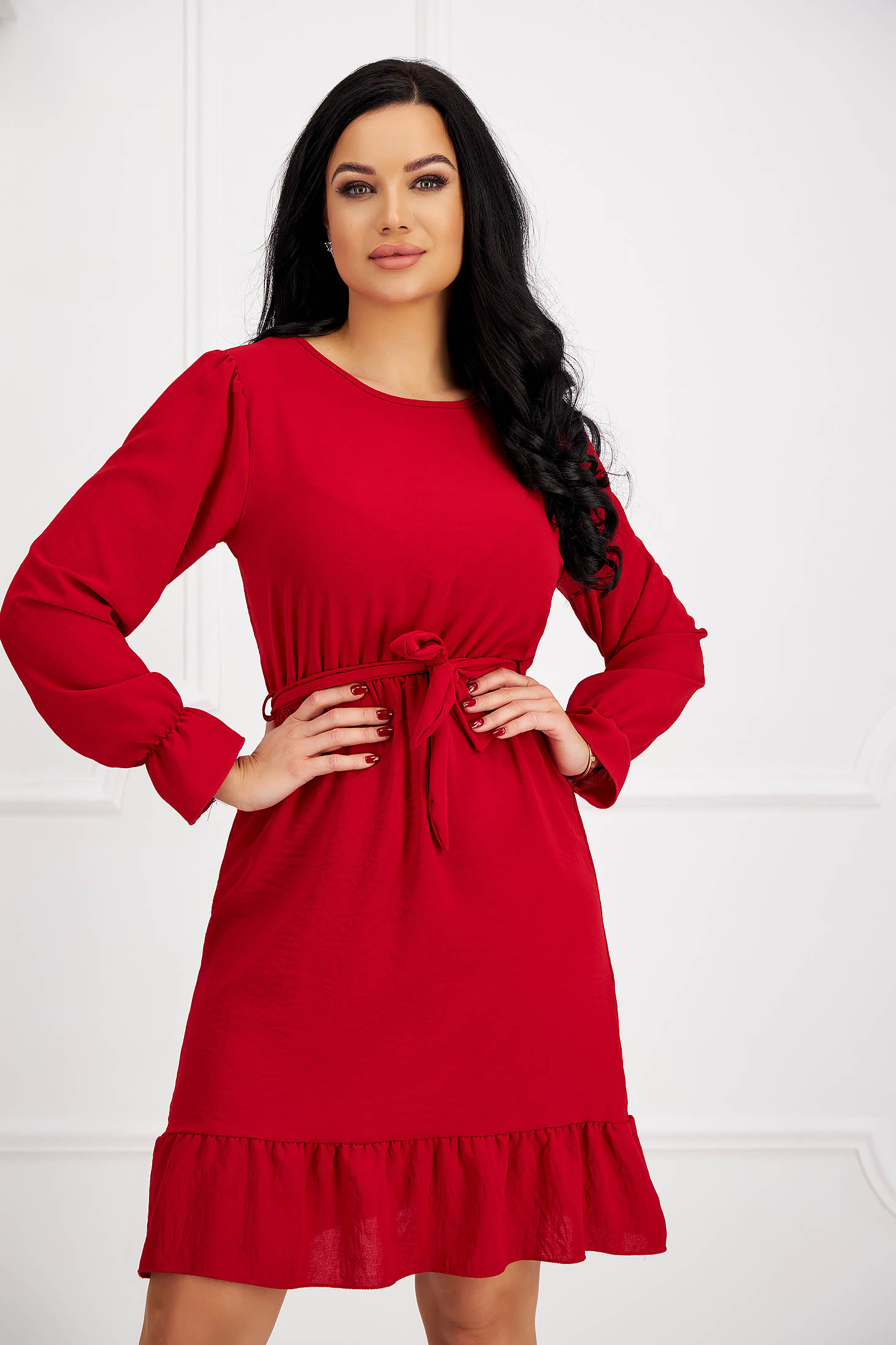 Red Georgette Dress in Flared Style with Elastic Waist and Detachable Belt - Lady Pandora