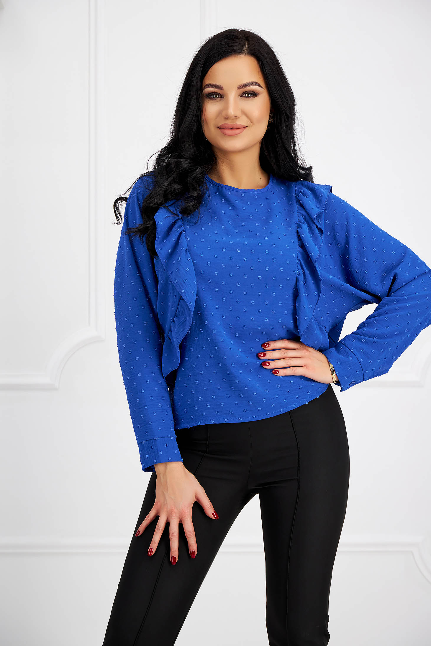 Blue women`s blouse georgette loose fit plumeti with ruffle details