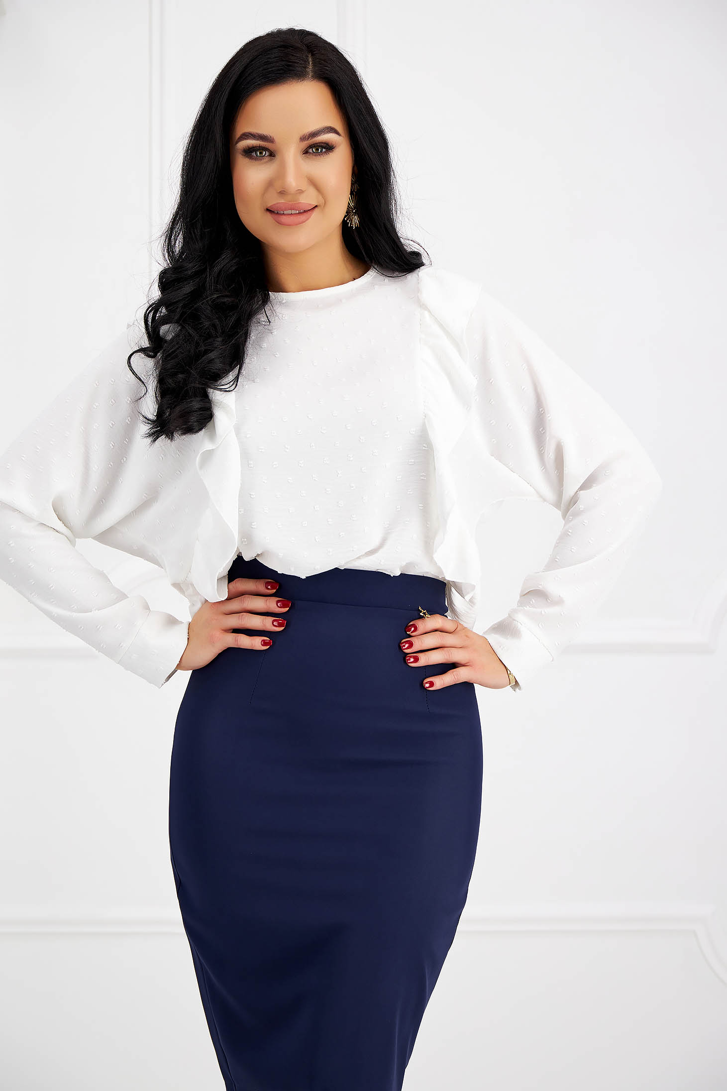 White women`s blouse georgette loose fit plumeti with ruffle details