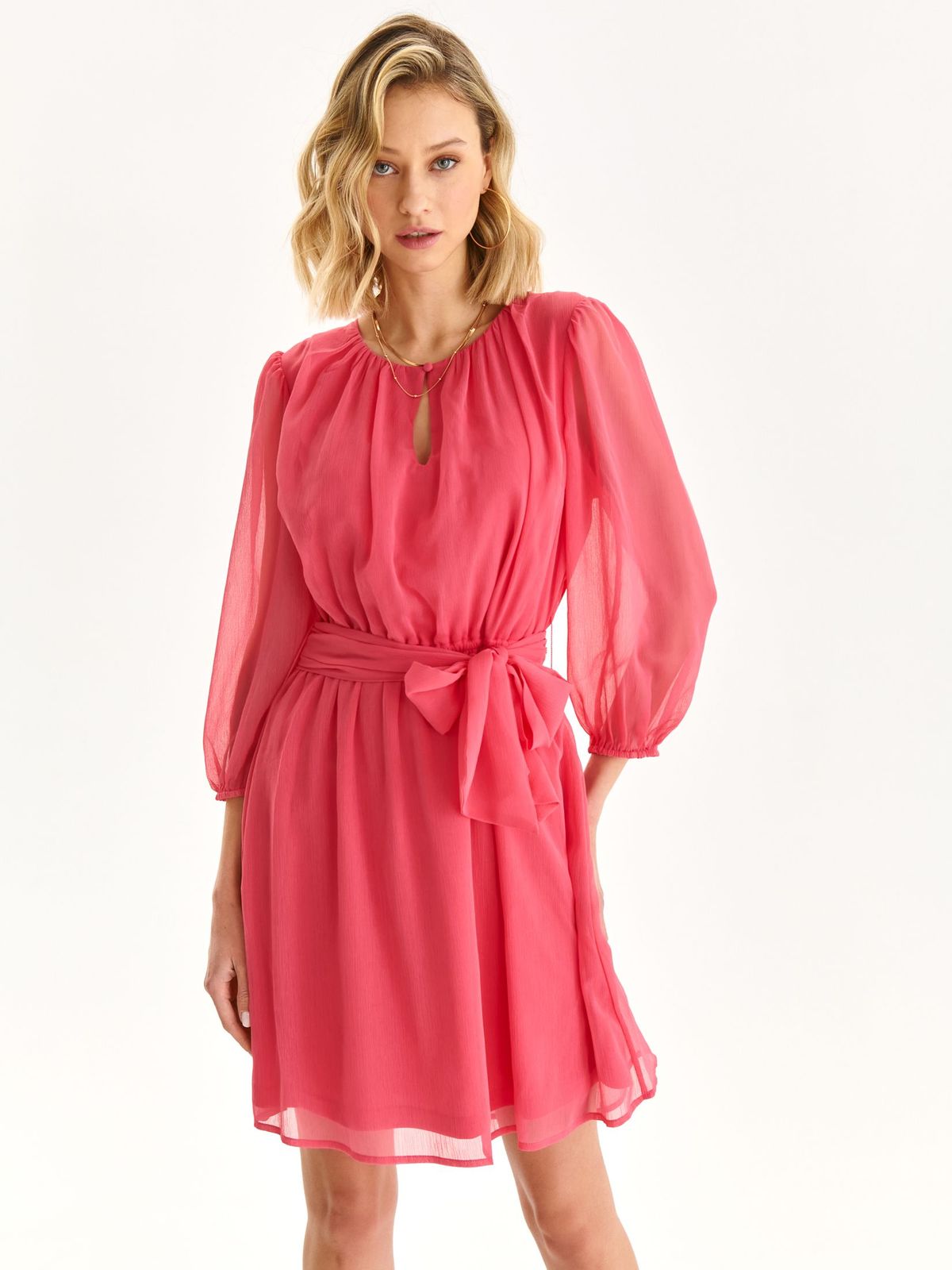 Pink dress from veil fabric short cut cloche with elastic waist with puffed sleeves