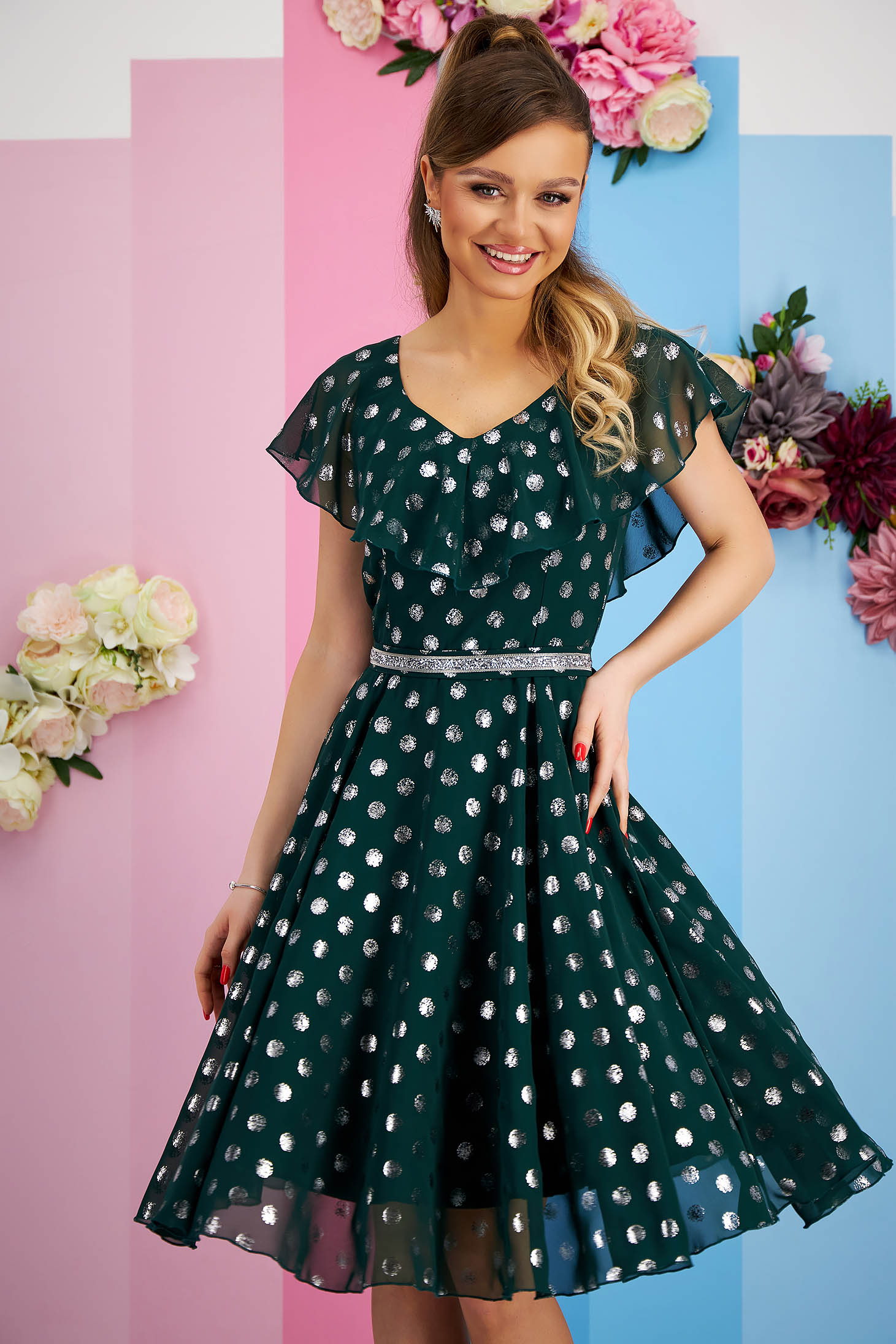 - StarShinerS darkgreen dress cloche midi soft fabric with ruffle details