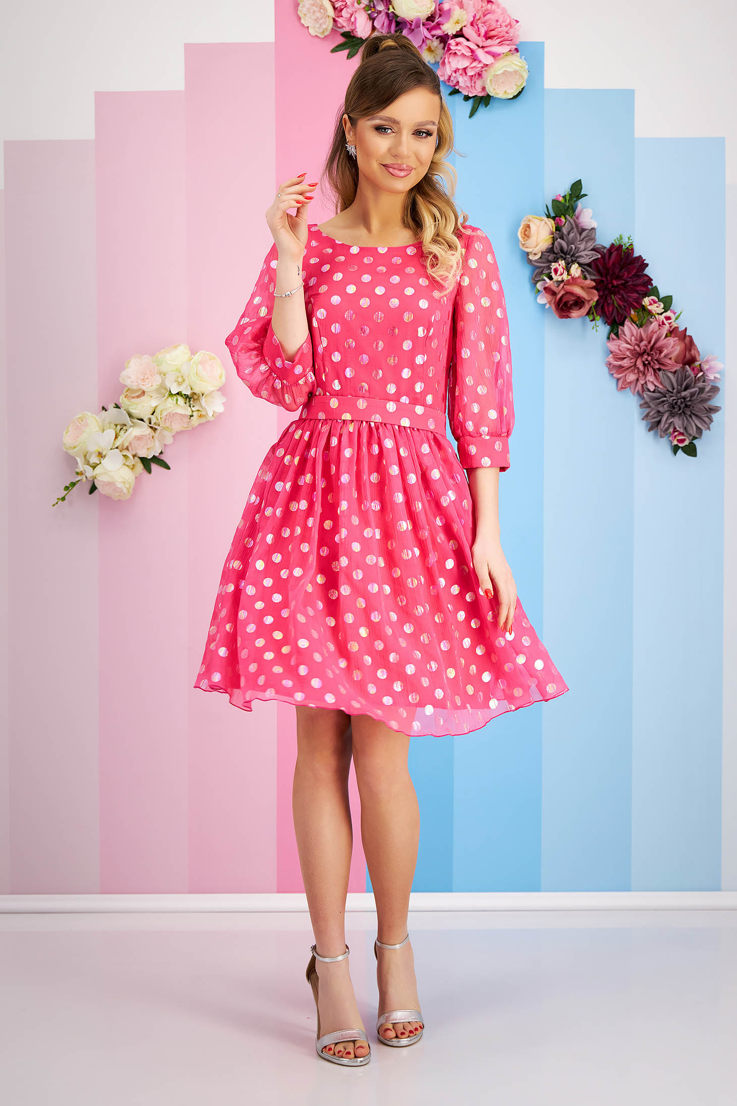 Fuchsia Veil Dress in A-line with Polka Dots Accessorized with Belt and Bow - StarShinerS 1 - StarShinerS.com
