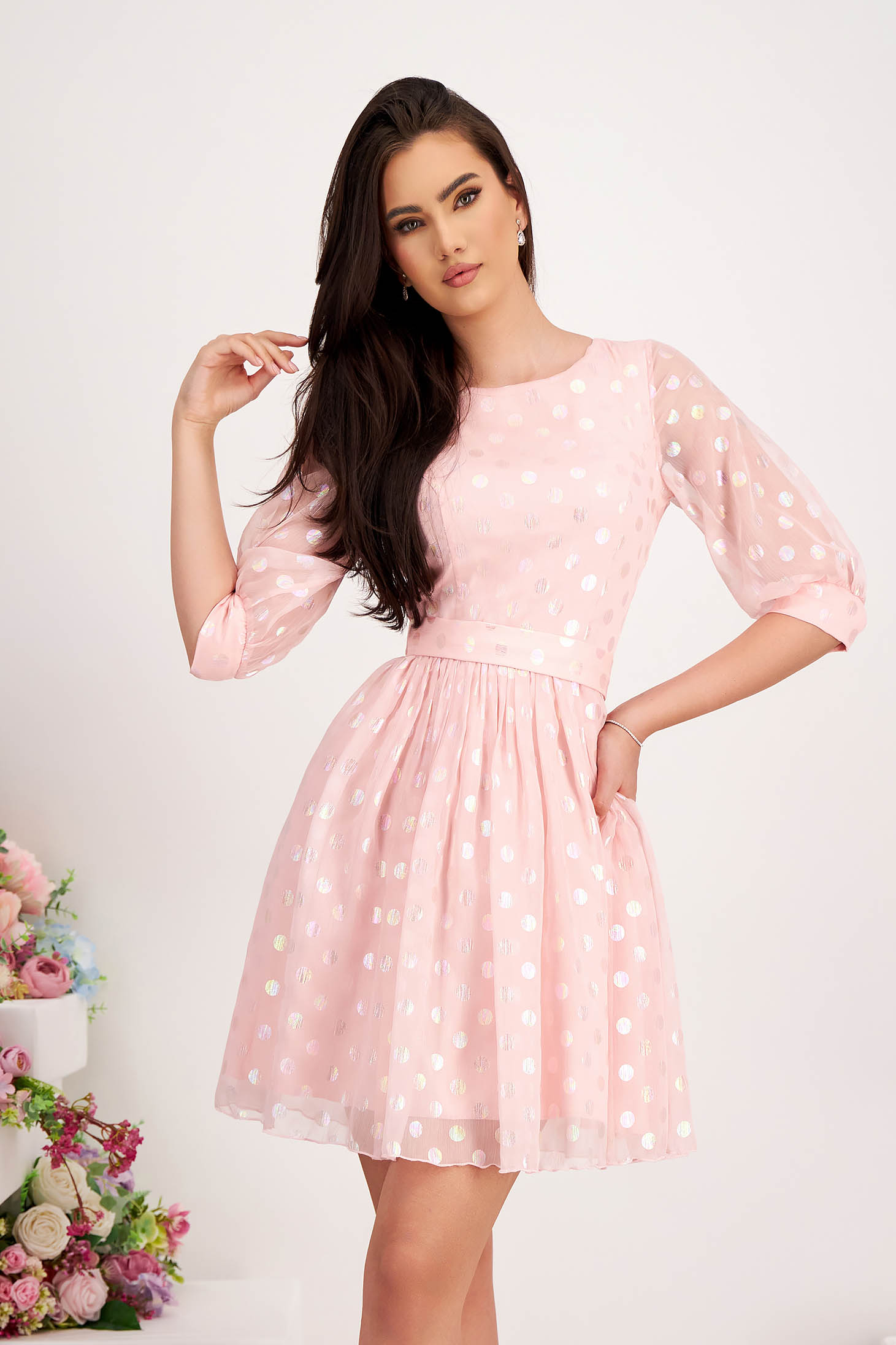 Powder Pink Veil Dress in A-line with Polka Dots Accessorized with Belt and Bow - StarShinerS