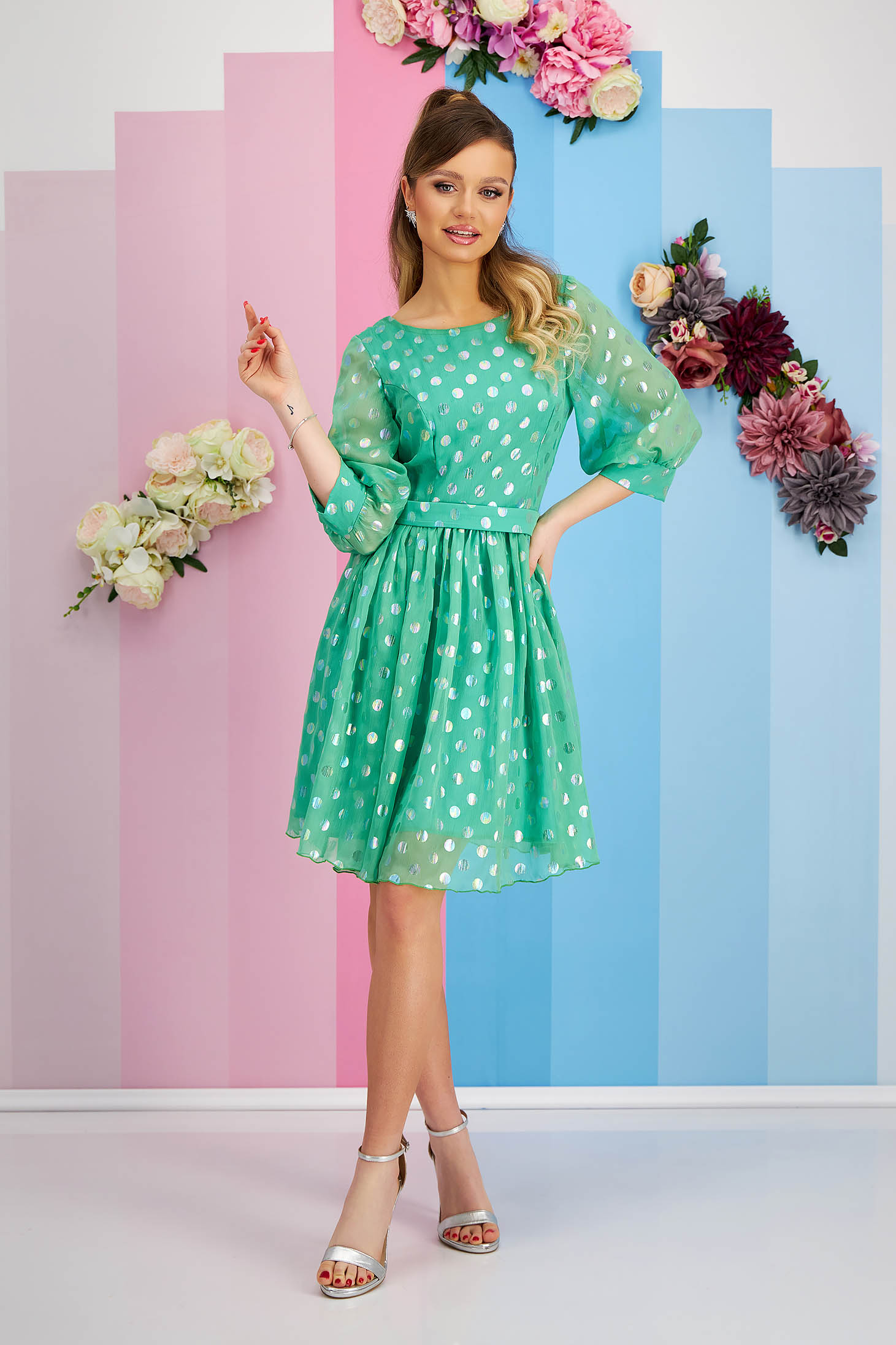 Green veil dress in flared style with polka dots, accessorized with belt and bow - StarShinerS 1 - StarShinerS.com