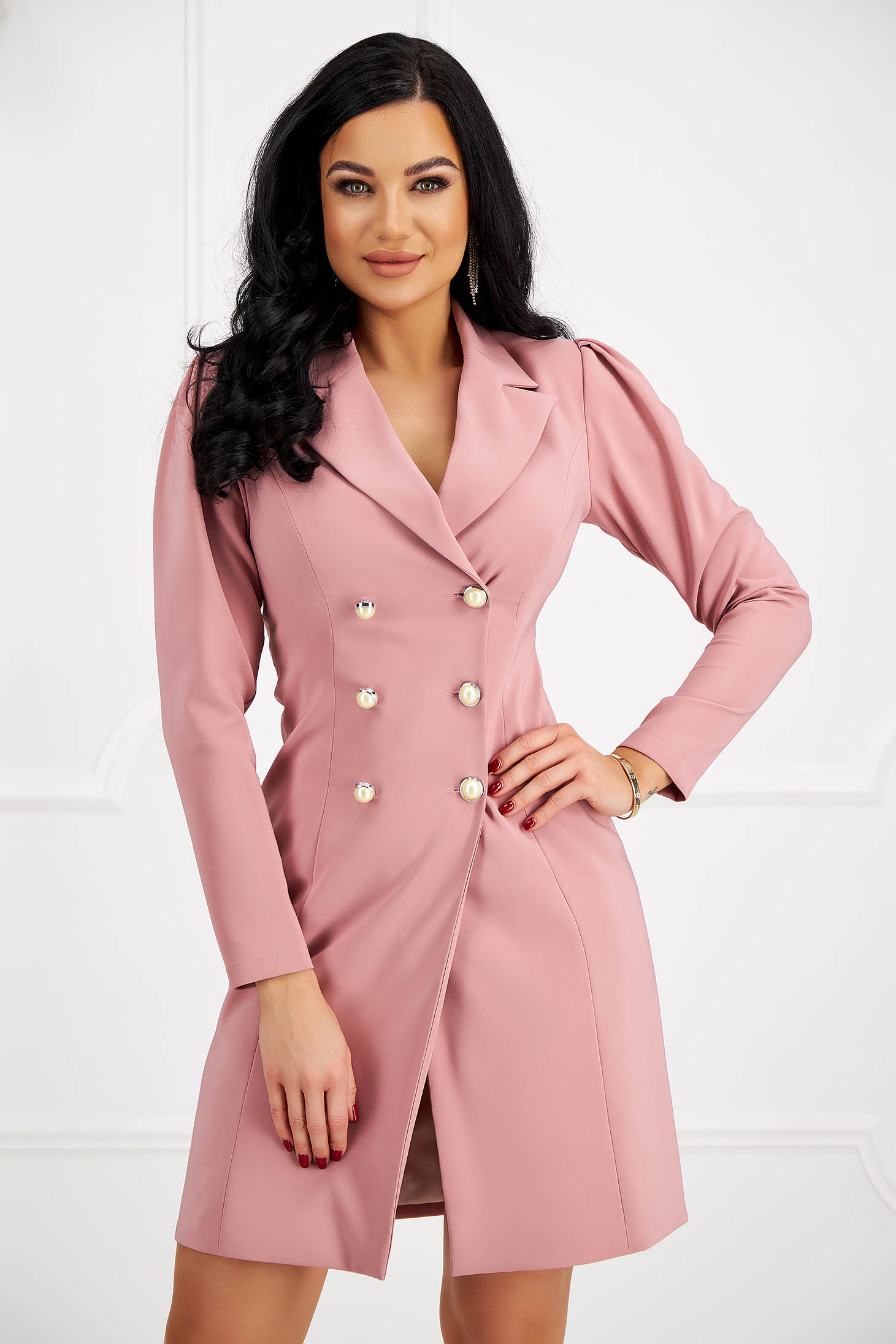 Powder Pink Blazer Dress made of slightly stretchy fabric with decorative buttons and puffy shoulders - StarShinerS 1 - StarShinerS.com