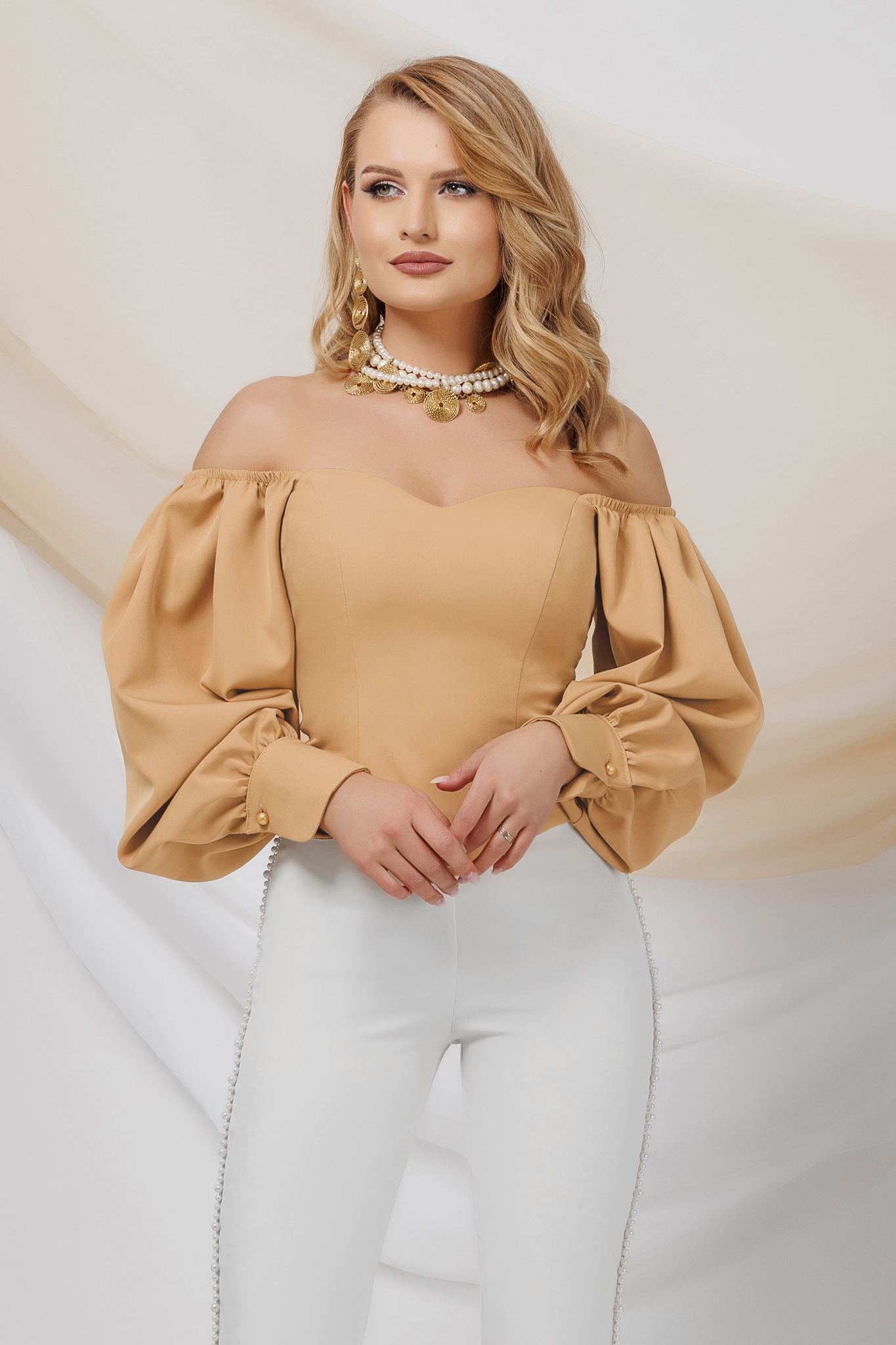 Beige satin ladies blouse with bare shoulders and puffy sleeves - PrettyGirl 1 - StarShinerS.com