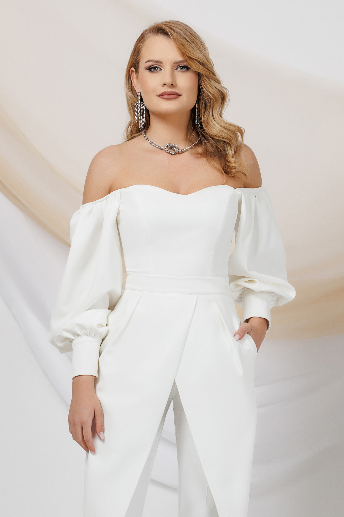 Ivory Satin Blouse for Women with Bare Shoulders and Puffy Sleeves - PrettyGirl 1 - StarShinerS.com