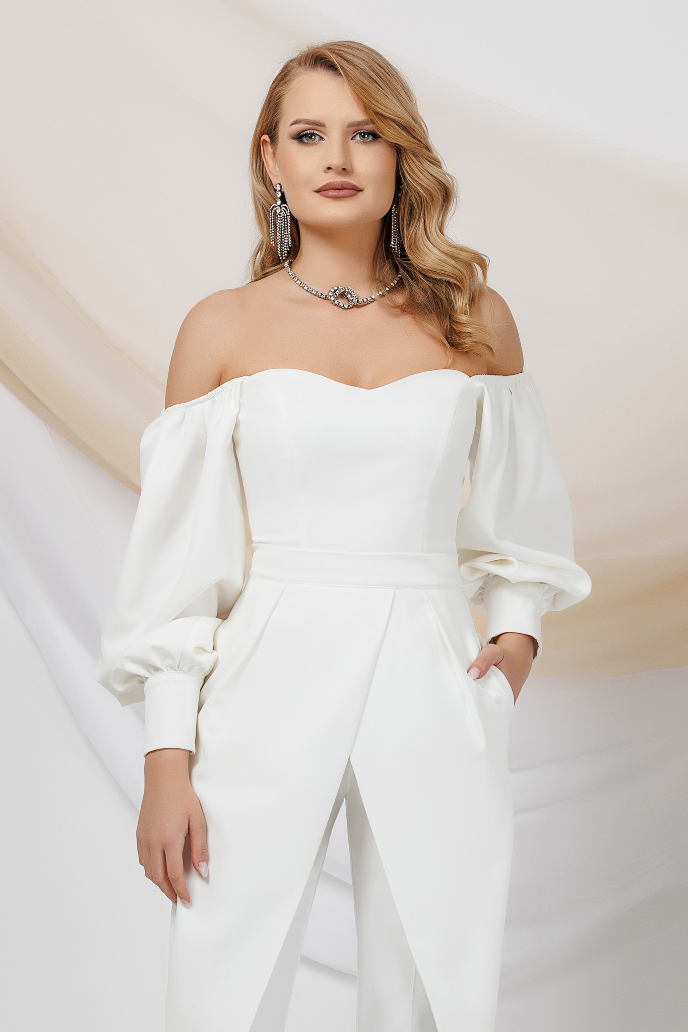 Ivory women`s blouse from satin with puffed sleeves naked shoulders