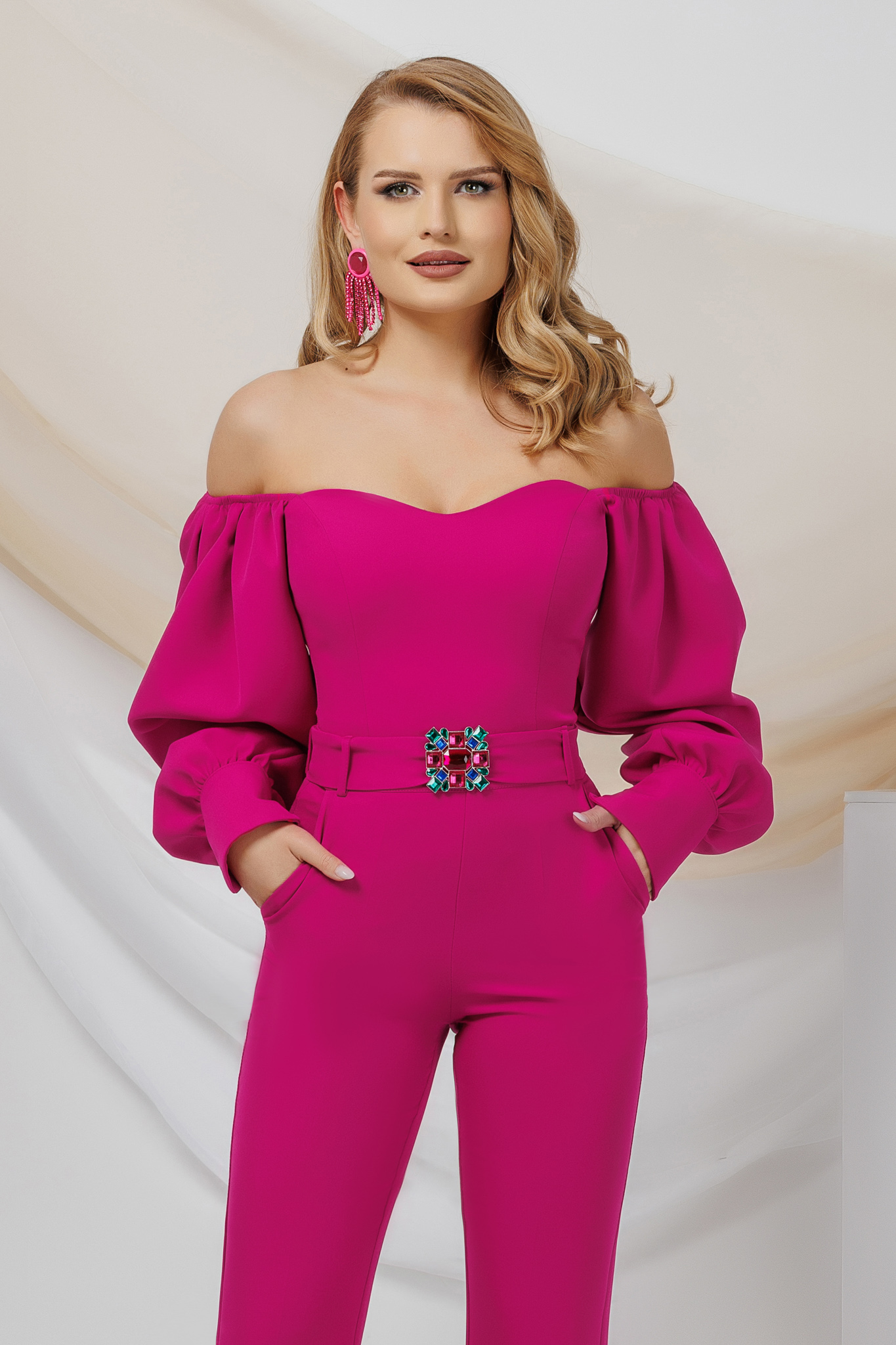 Fuchsia satin blouse for women with bare shoulders and puffy sleeves - PrettyGirl 1 - StarShinerS.com