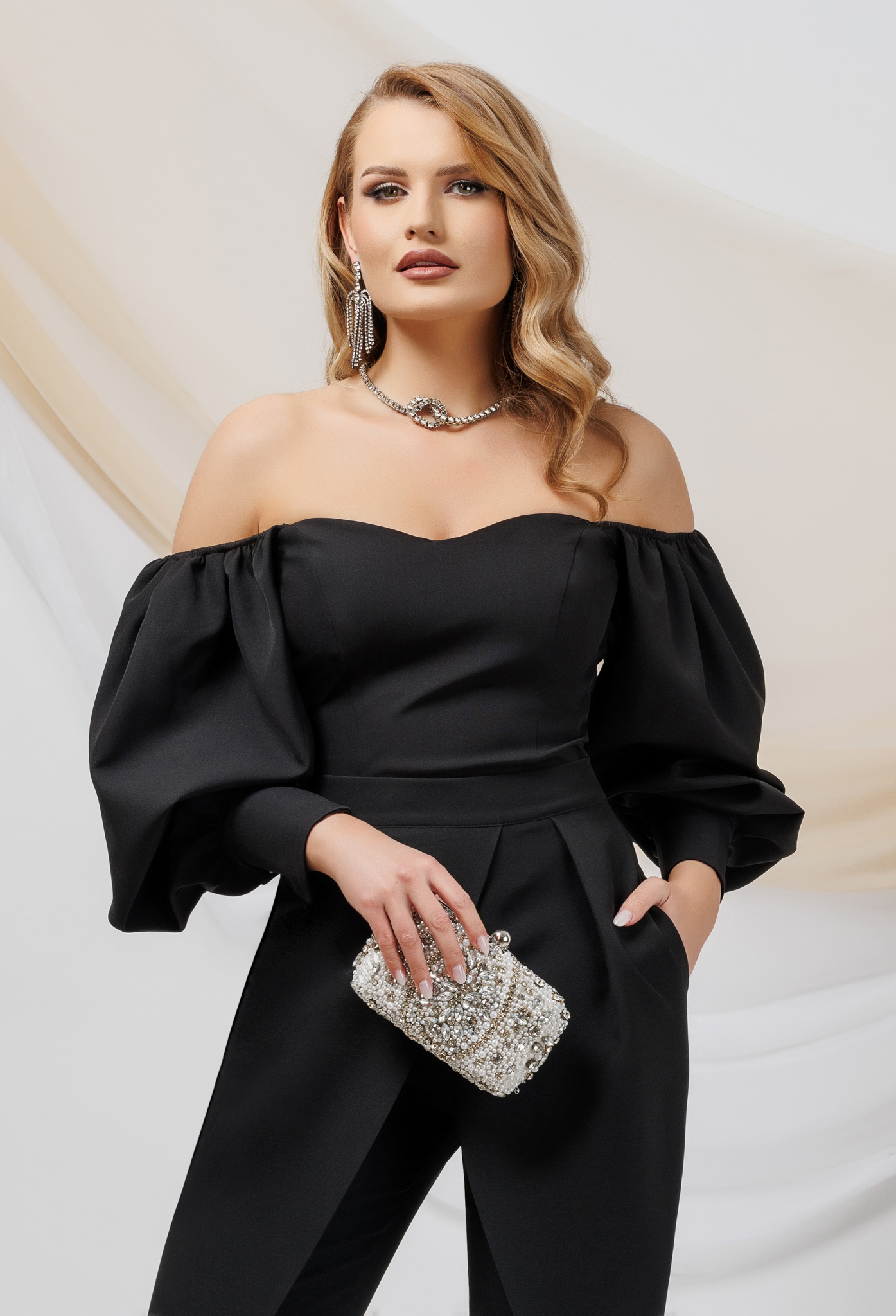 Black satin women's blouse with bare shoulders and puffy sleeves - PrettyGirl 1 - StarShinerS.com