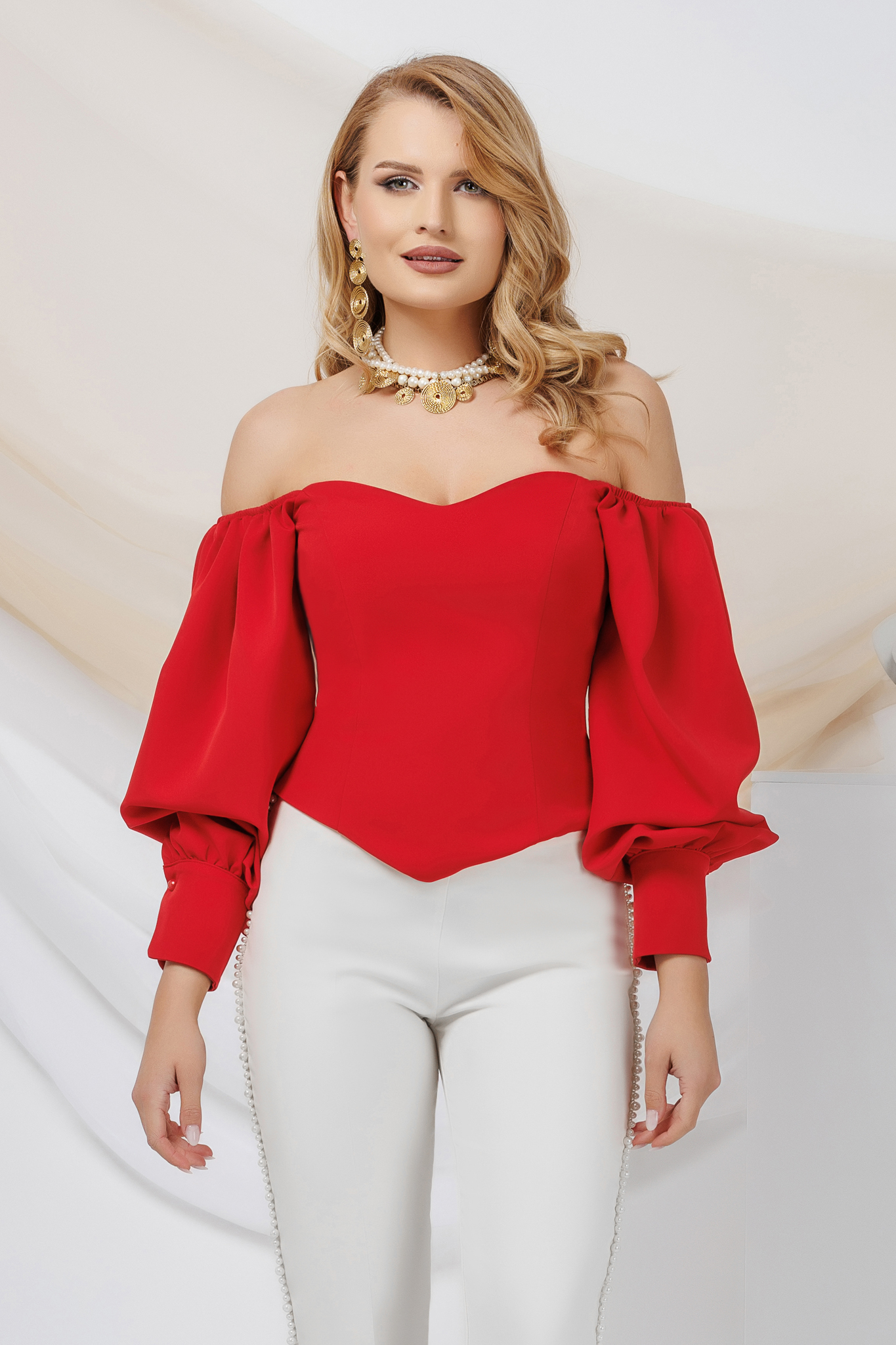 Red satin blouse for women with bare shoulders and puffy sleeves - PrettyGirl 1 - StarShinerS.com