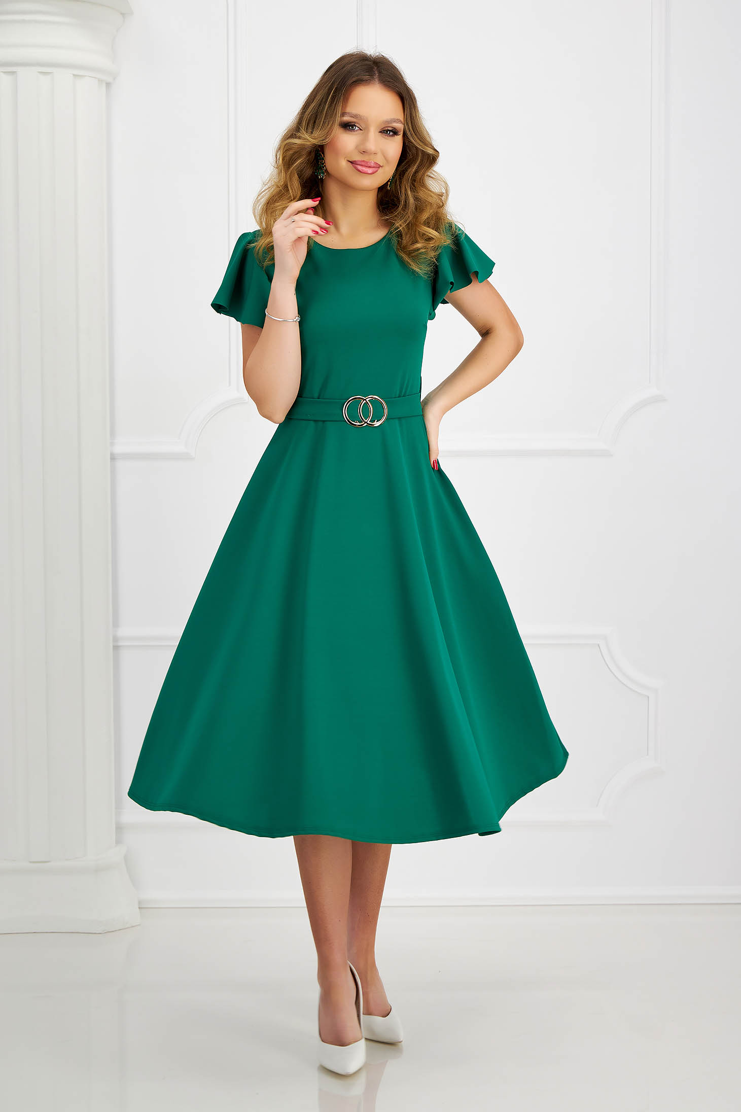 Midi green crepe dress with bell sleeves and detachable belt - SunShine 1 - StarShinerS.com