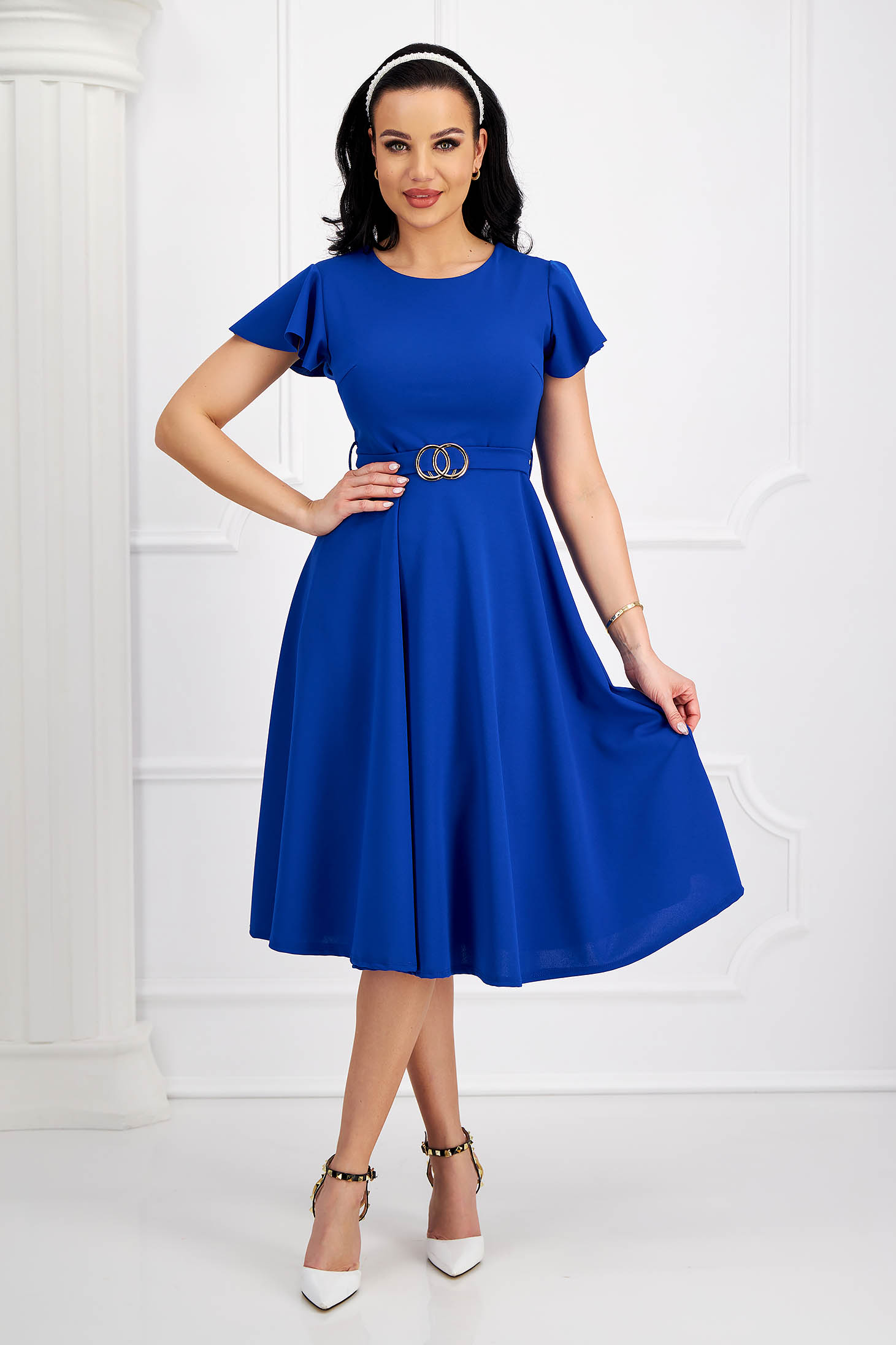 Blue crepe midi flared dress with bell sleeves and detachable belt - SunShine 1 - StarShinerS.com