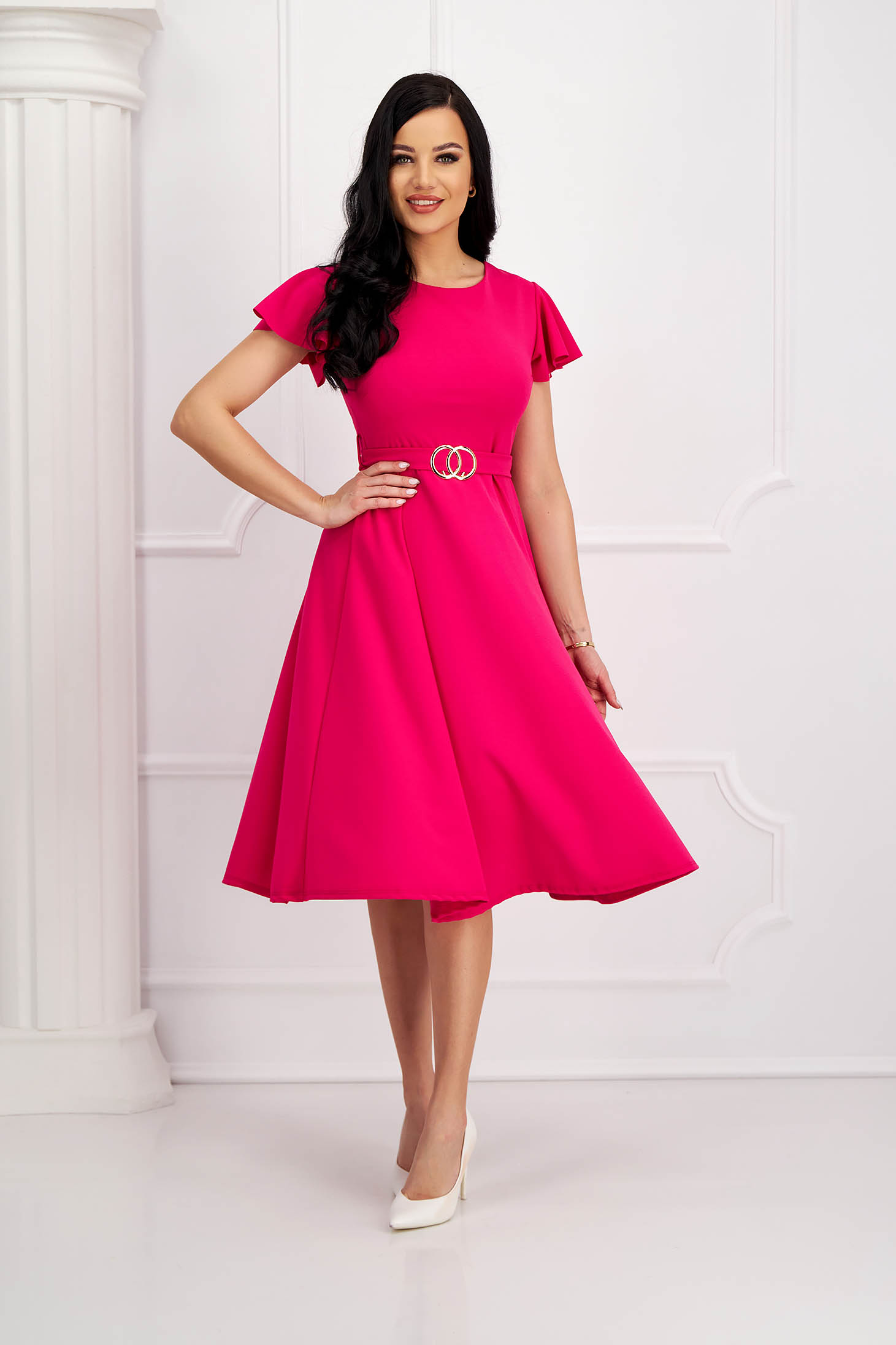 Pink crepe midi dress in flared style with bell sleeves and detachable belt - SunShine 1 - StarShinerS.com