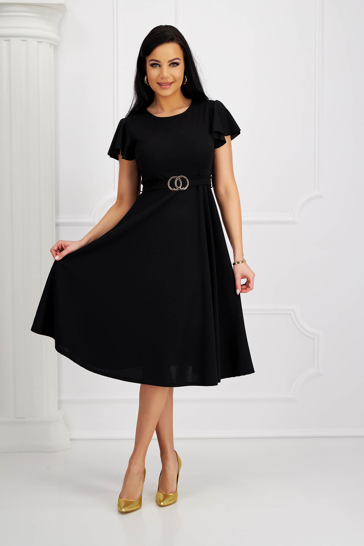 Black crepe midi dress in flared style with bell sleeves and detachable belt - SunShine