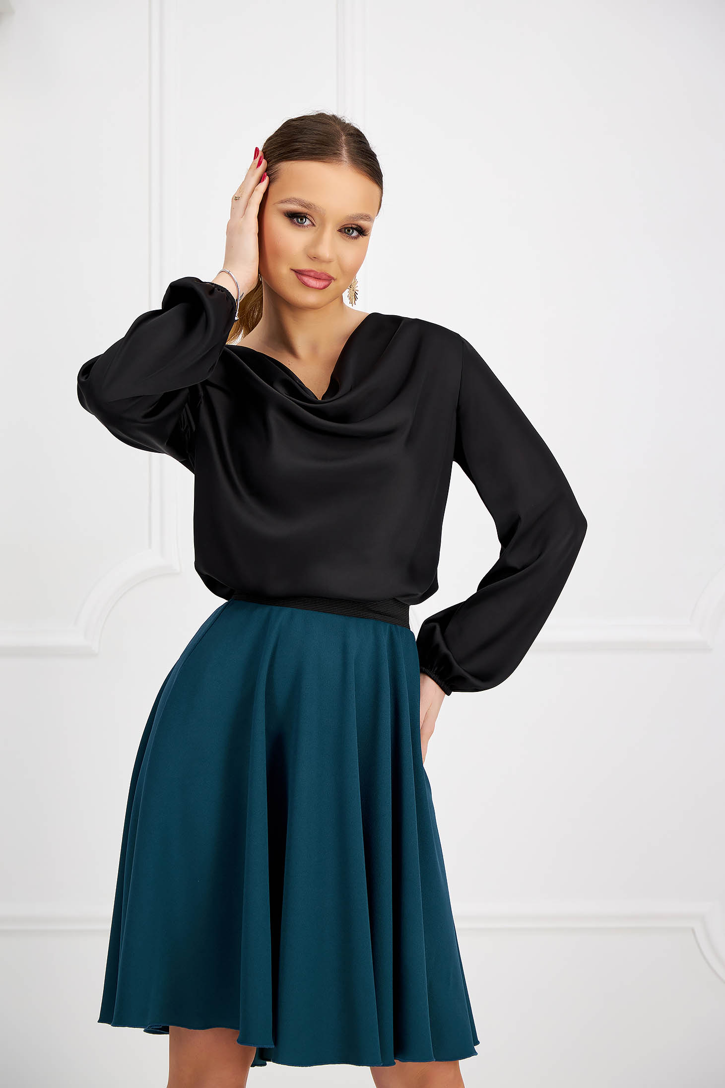Black satin ladies blouse with loose fit and plunging neckline - SunShine 1 - StarShinerS.com