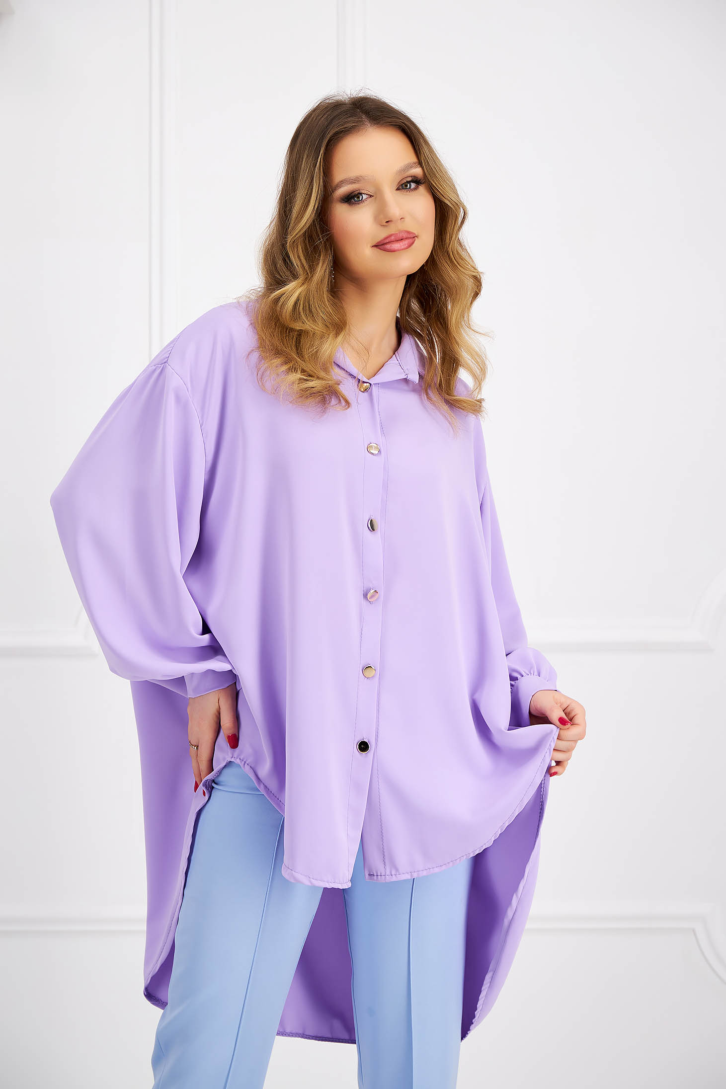 Bluza dama oversize din material subtire lila asimetrica cu croi larg - SunShine 1 - StarShinerS.ro