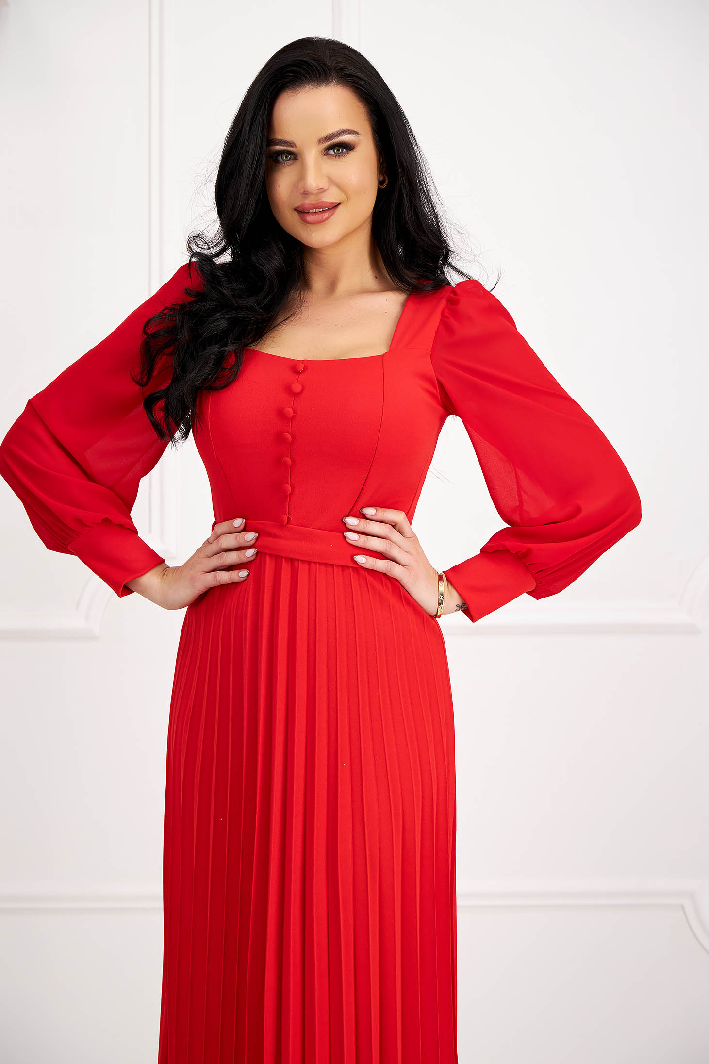 Rochie plisata din crep rosie in clos cu maneci bufante din voal - SunShine