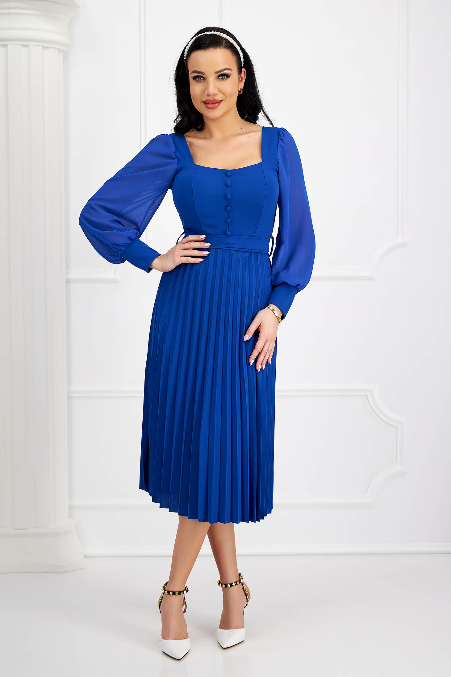 Pleated Crepe Dress in Blue A-Line with Puff Sleeves in Veil - SunShine 1 - StarShinerS.com
